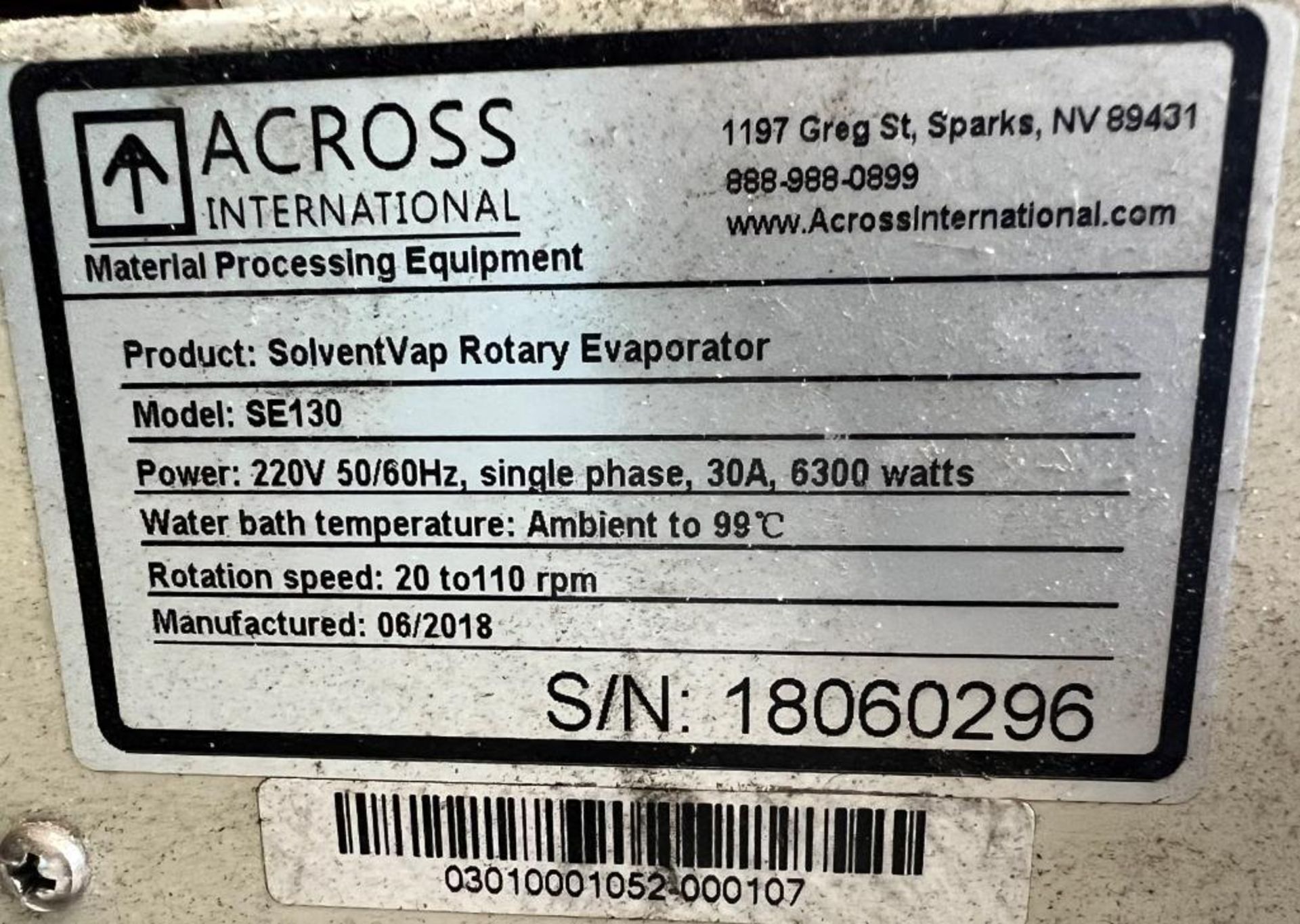 Across International SolventVap Rotary Evaporator, Model SE130, Serial# 18060296, Built 06/2018. Wit - Image 5 of 5