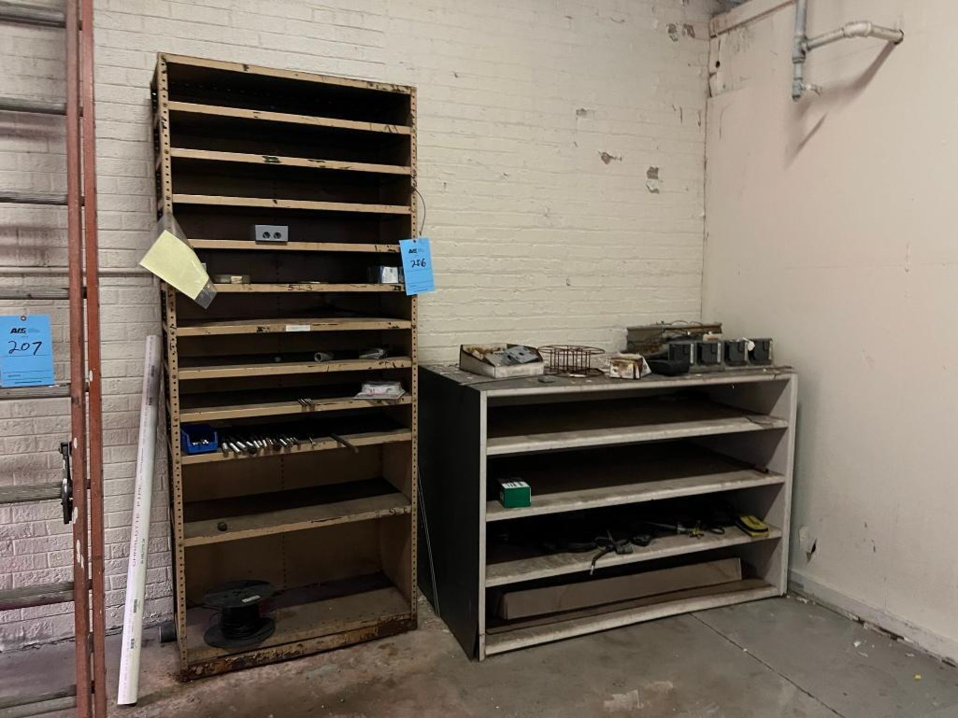 Lot: (3) Shelving Units with Misc. Parts, Supplies, & Transformers