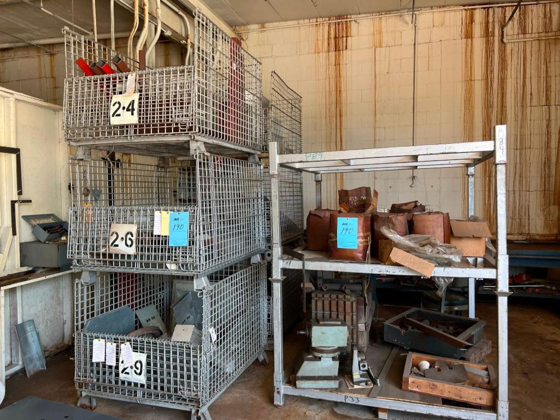 Lot: (6) Wire Baskets, (3) Material Racks, (1) Cart, & Assorted Hardware & Scrap