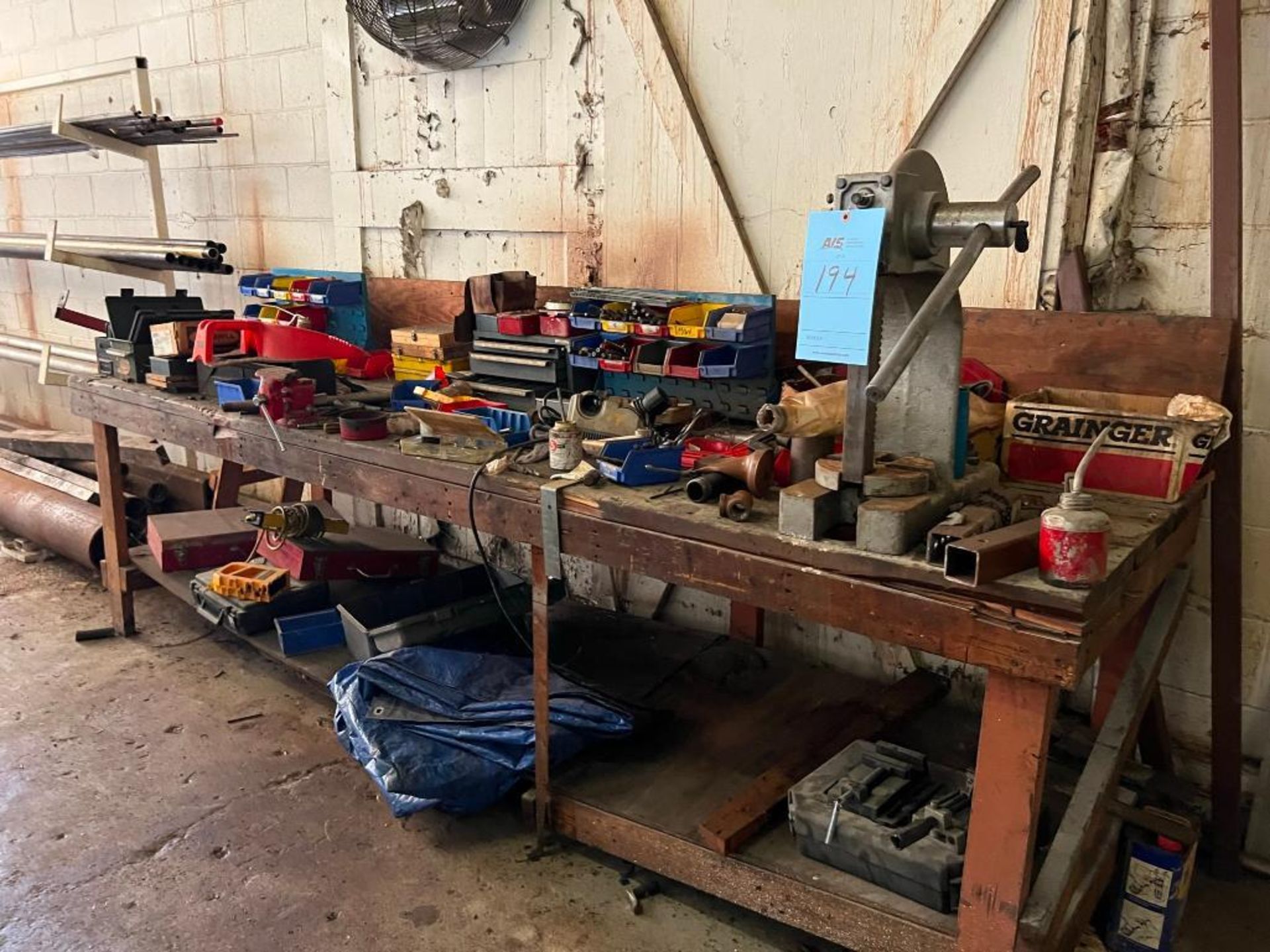 Workbench with Arbor Press & Assorted Drillbits & Hardware