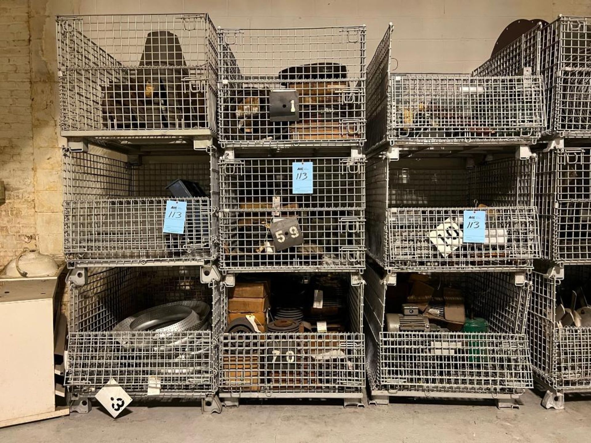 Lot: (9) Wire Baskets w/ Assorted Elecric Motors, Drive Belts, Pulleys, & Dryer Parts