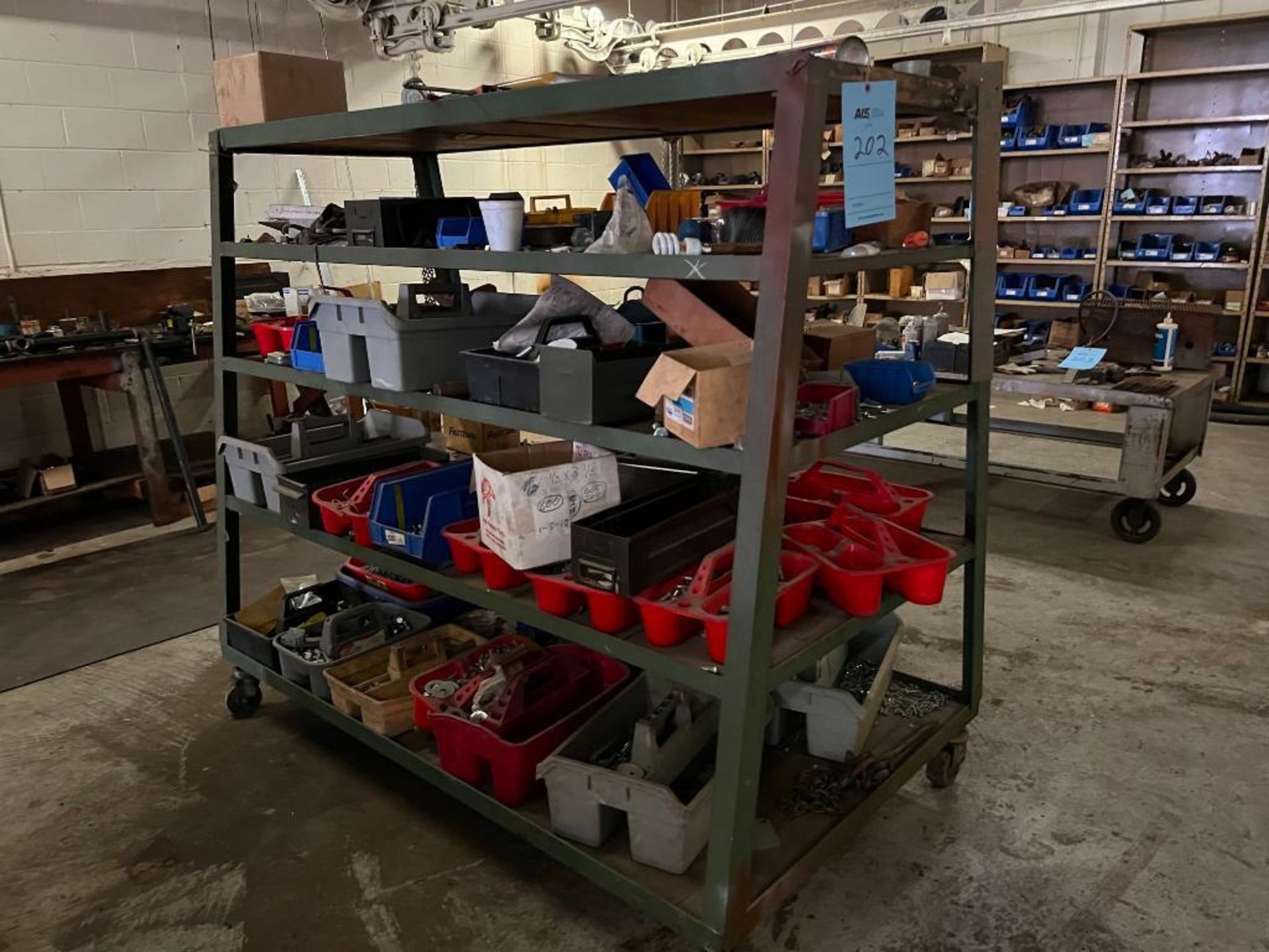 Lot: Rolling Shop Rack with Assorted Hardware