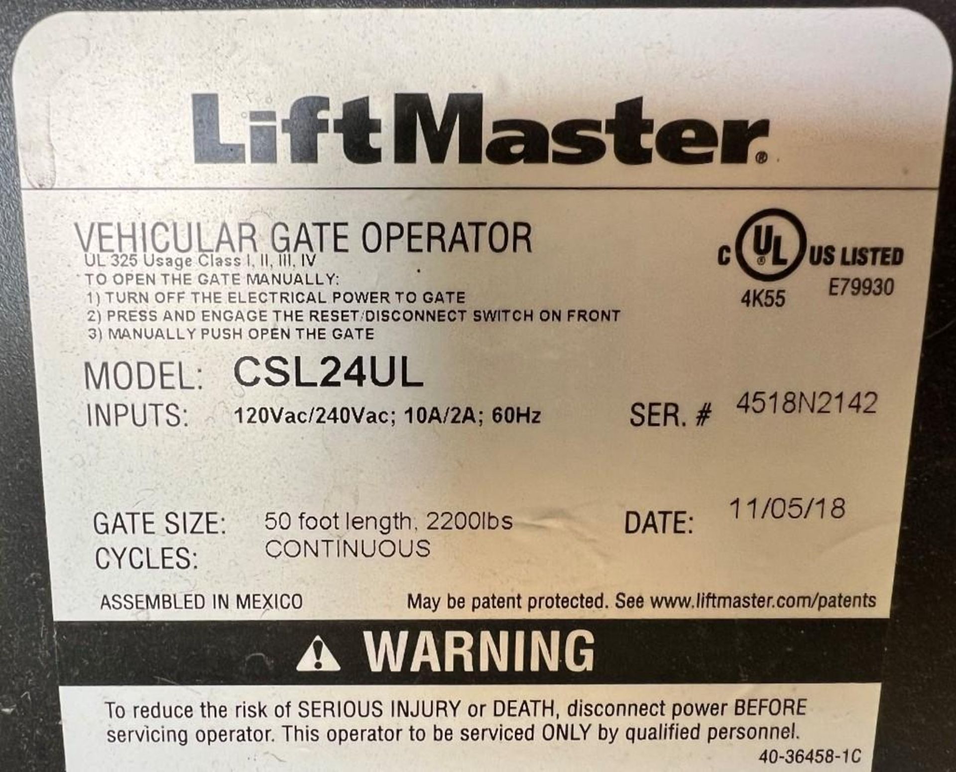 Lot Consisting Of: (2) Lift Master Vehicular Gate Operators, Model CSL24UL, Serial# 4518N2141 & 4518 - Image 4 of 12