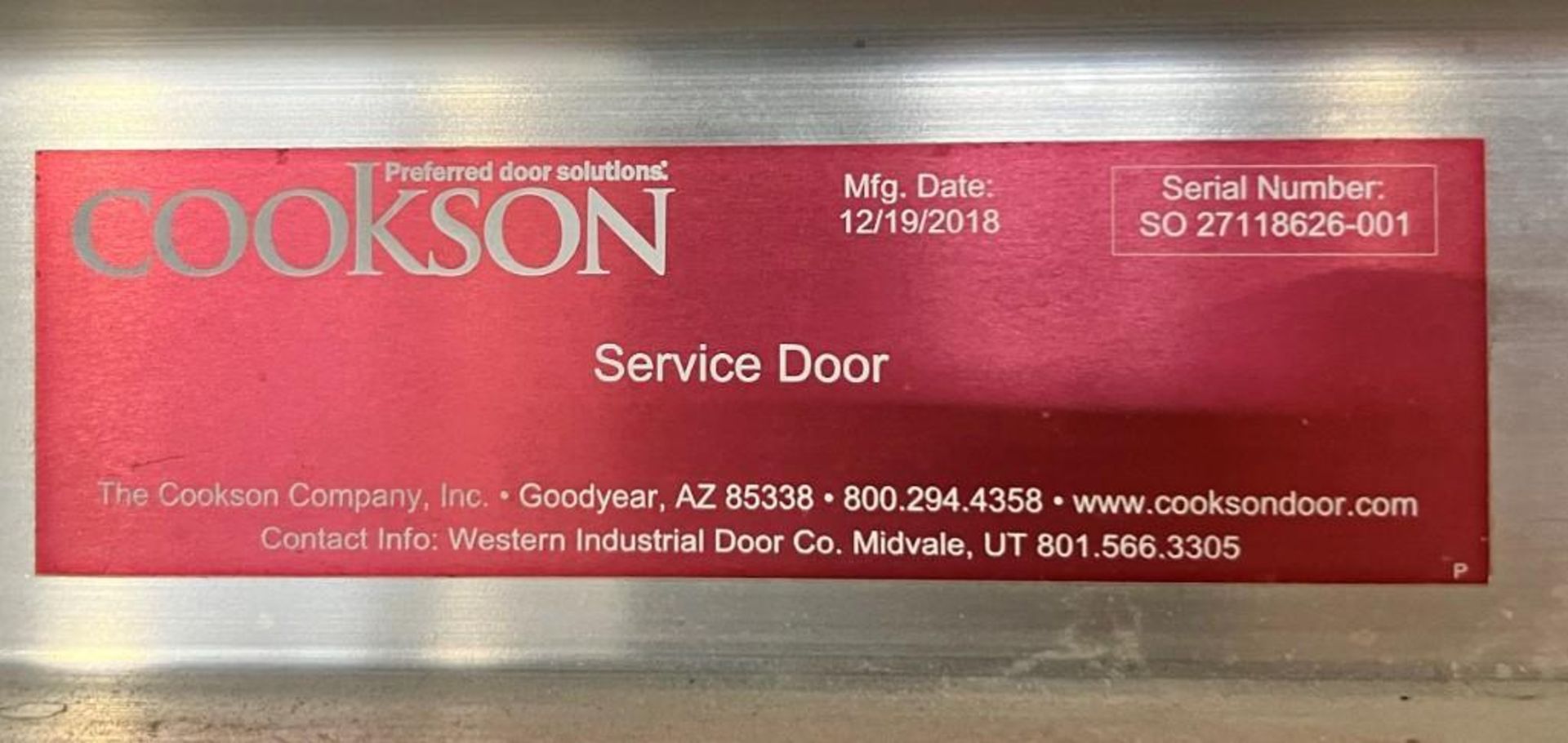 Cookson Rolling Door, Approximate 10' x 10' Opening, Serial# SO7118626-001, Built 12/19/2018. With M - Image 4 of 7