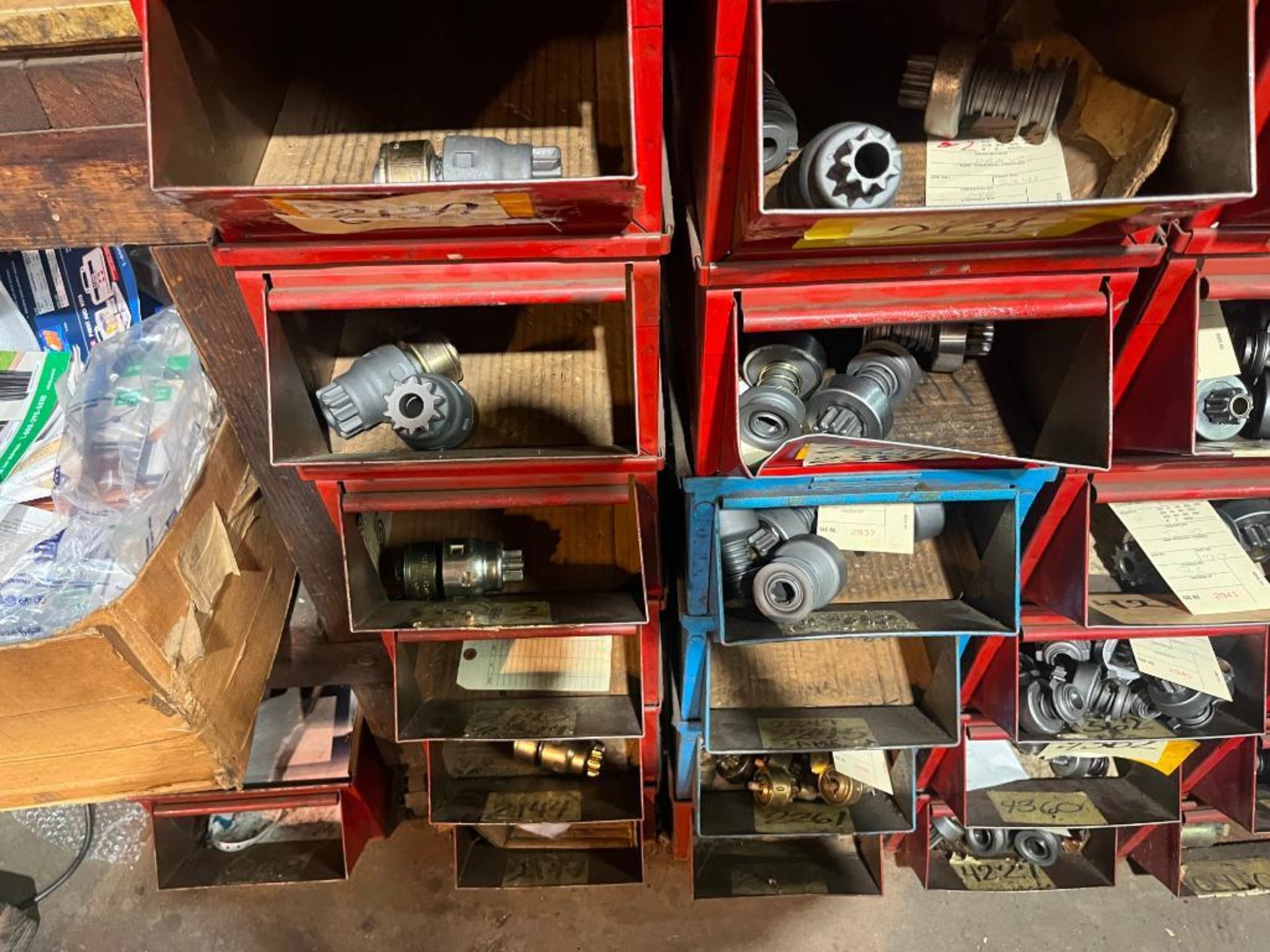 Bins & Shelving Units Including Large Quantity of Assembled Starter Drives, Solenoids, & parts - Image 9 of 77