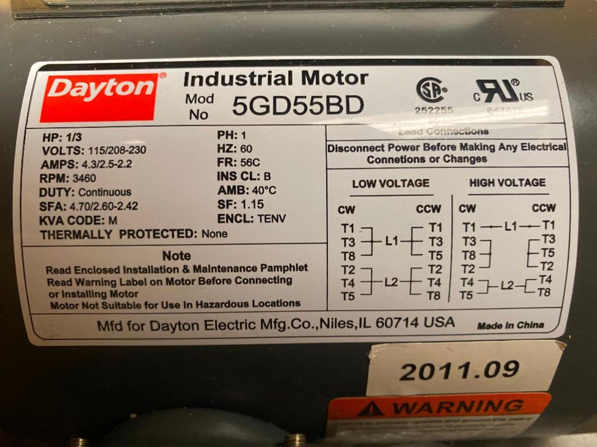 DAYTON MOTOR 5GD55BD. Packaging Fee = $5 - Image 2 of 4