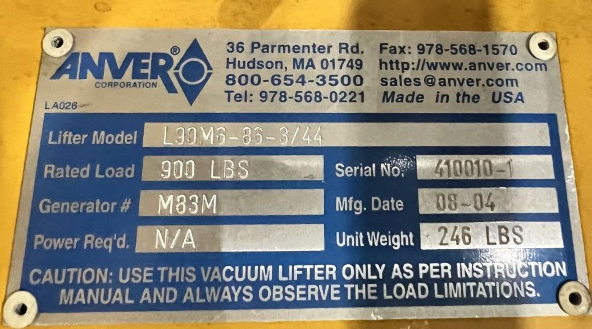 Anver (6) Pad Vacuum Lifter, Model L90M6-86-3/44. Rated load capacity 900#, serial# 410010-1, Built - Image 10 of 13