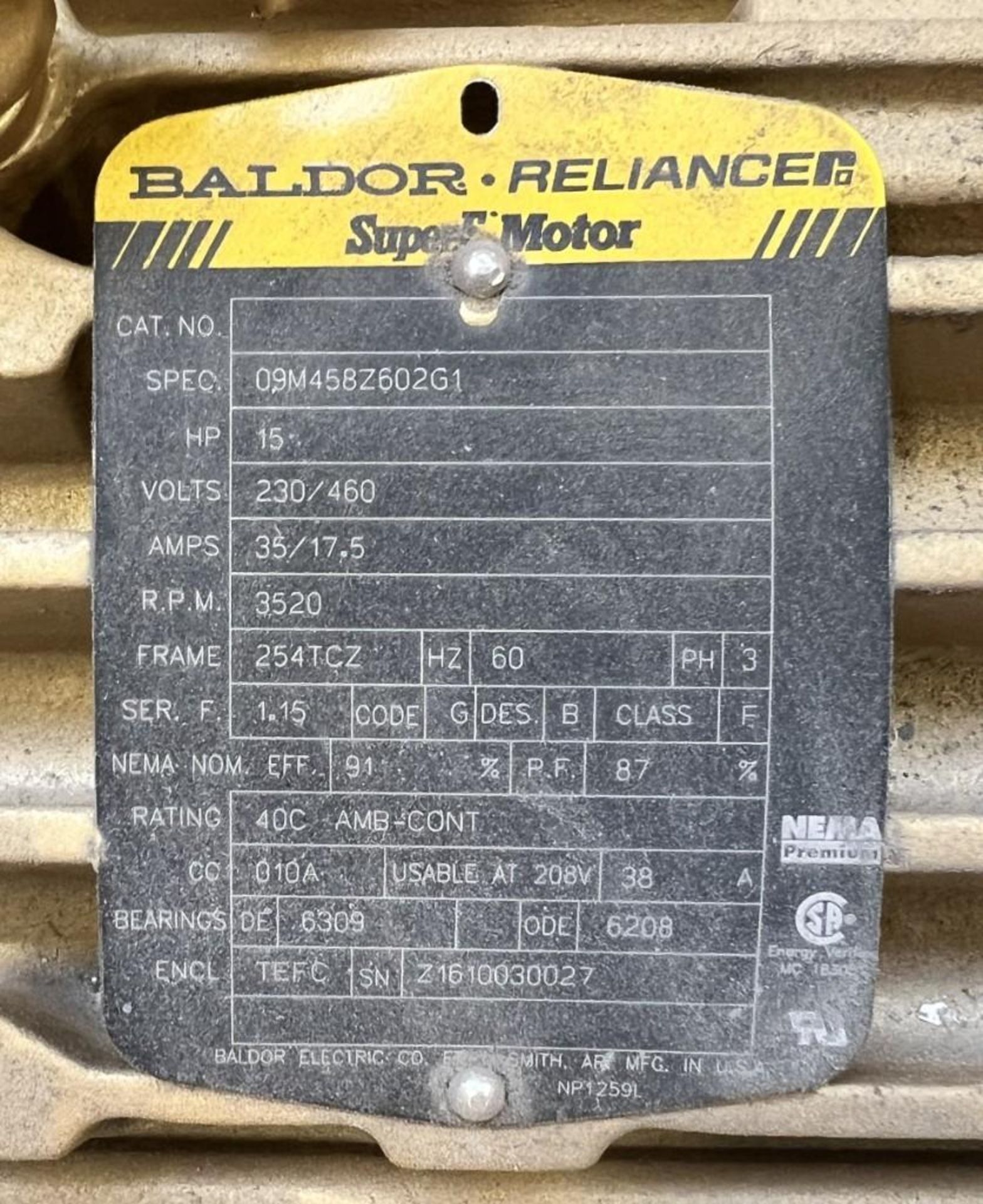 Baldor-Reliance 15hp Super E Motor, Frame 254TCZ, Spec. 09M458Z602G1. Volts 230/460, rpm 3520. (Rigg - Image 3 of 5