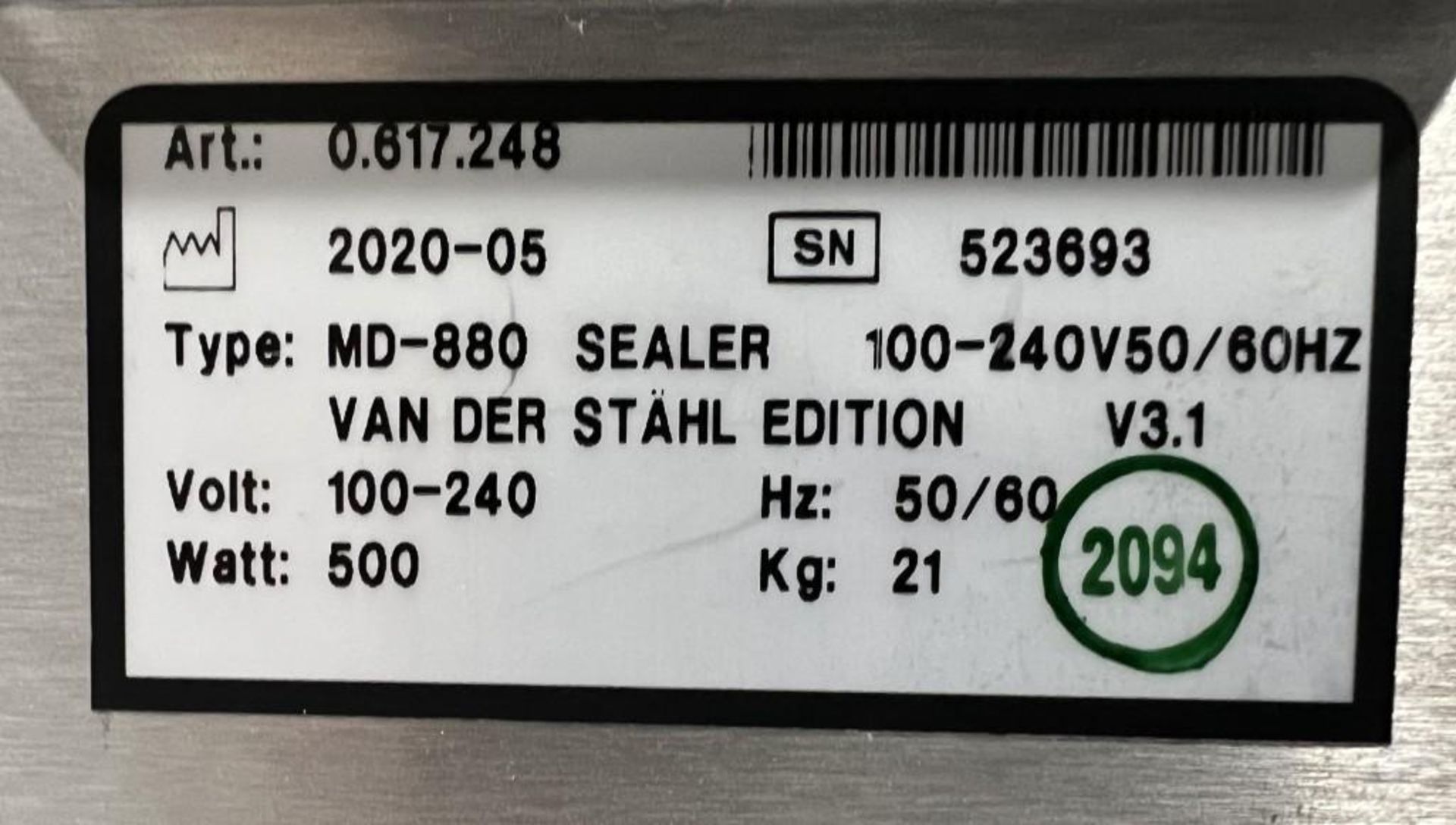 Van Der Stahl MD Series Pouch Sealer, Model MD-880, Serial# 523693, Built 05-2020. - Image 6 of 6
