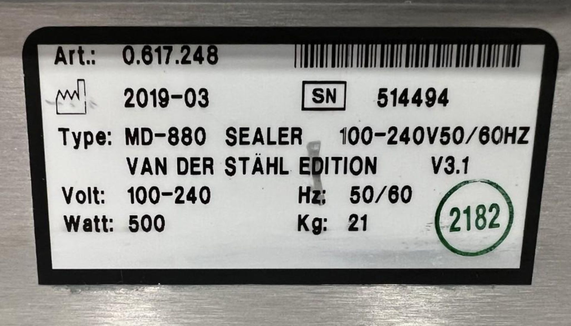 Van Der Stahl MD Series Pouch Sealer, Model MD-880, Serial# 514494, Built 03-2019. - Image 6 of 6