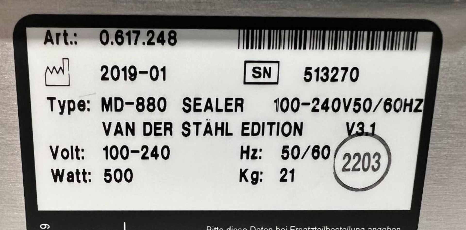Van Der Stahl MD Series Pouch Sealer, Model MD-880, Serial# 513270, Built 01-2019. - Image 6 of 6