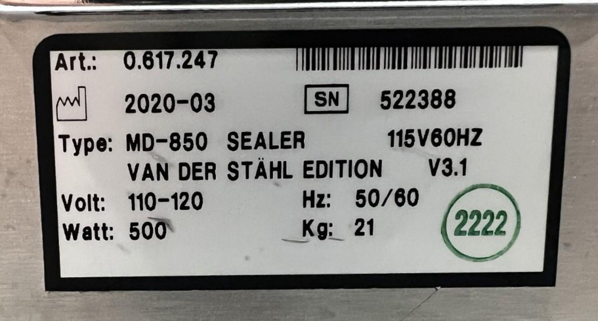 Van Der Stahl MD Series Pouch Sealer, Model MD-850, Serial# 522388, Built 03-2020. - Image 6 of 6