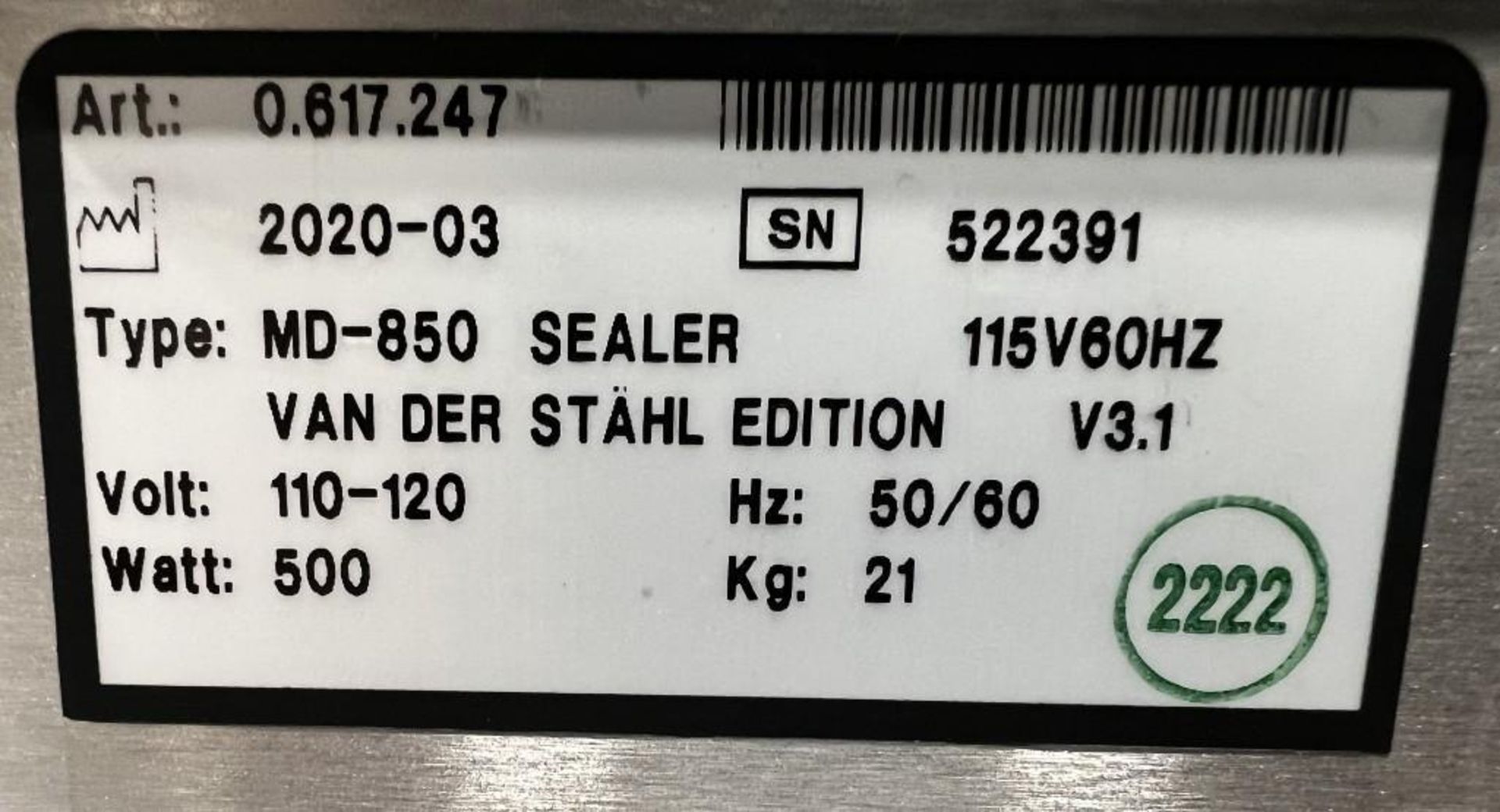 Van Der Stahl MD Series Pouch Sealer, Model MD-850, Serial# 522391, Built 03-2020. - Image 6 of 6