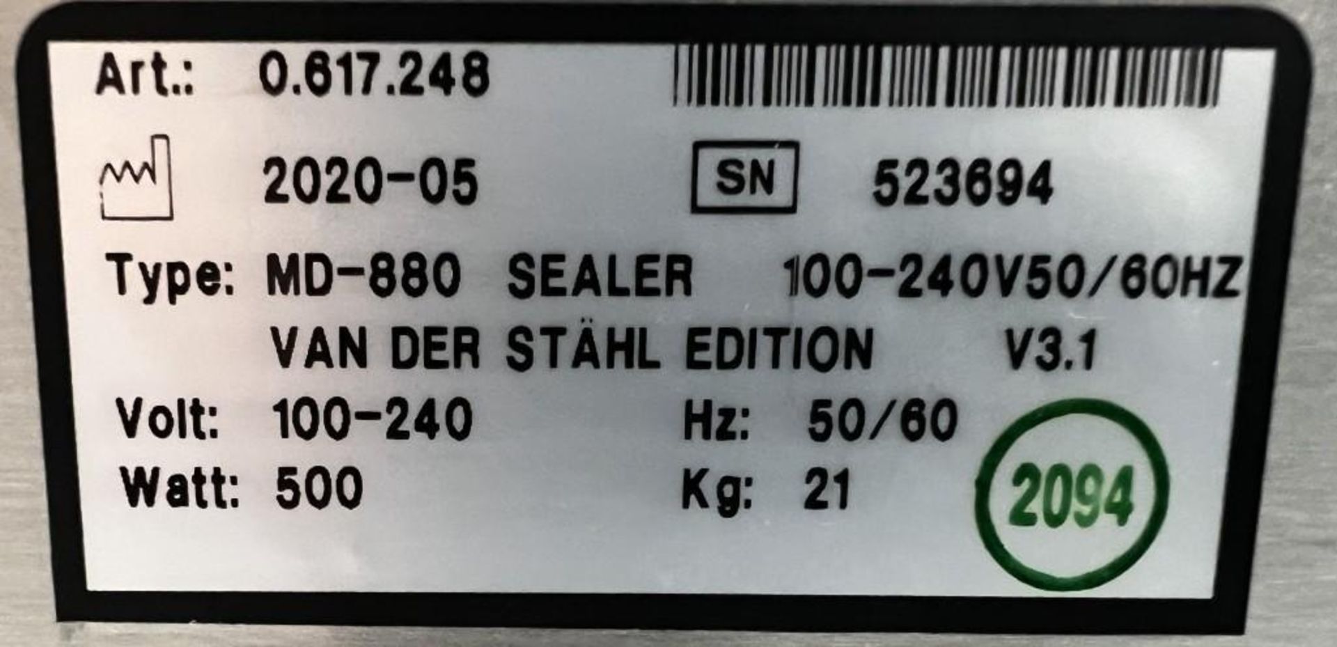 Van Der Stahl MD Series Pouch Sealer, Model MD-880, Serial# 523694, Built 05-2020. - Image 6 of 6