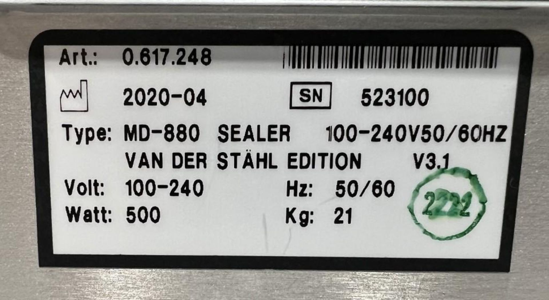 Van Der Stahl MD Series Pouch Sealer, Model MD-880, Serial# 523100, Built 04-2020. - Image 6 of 6