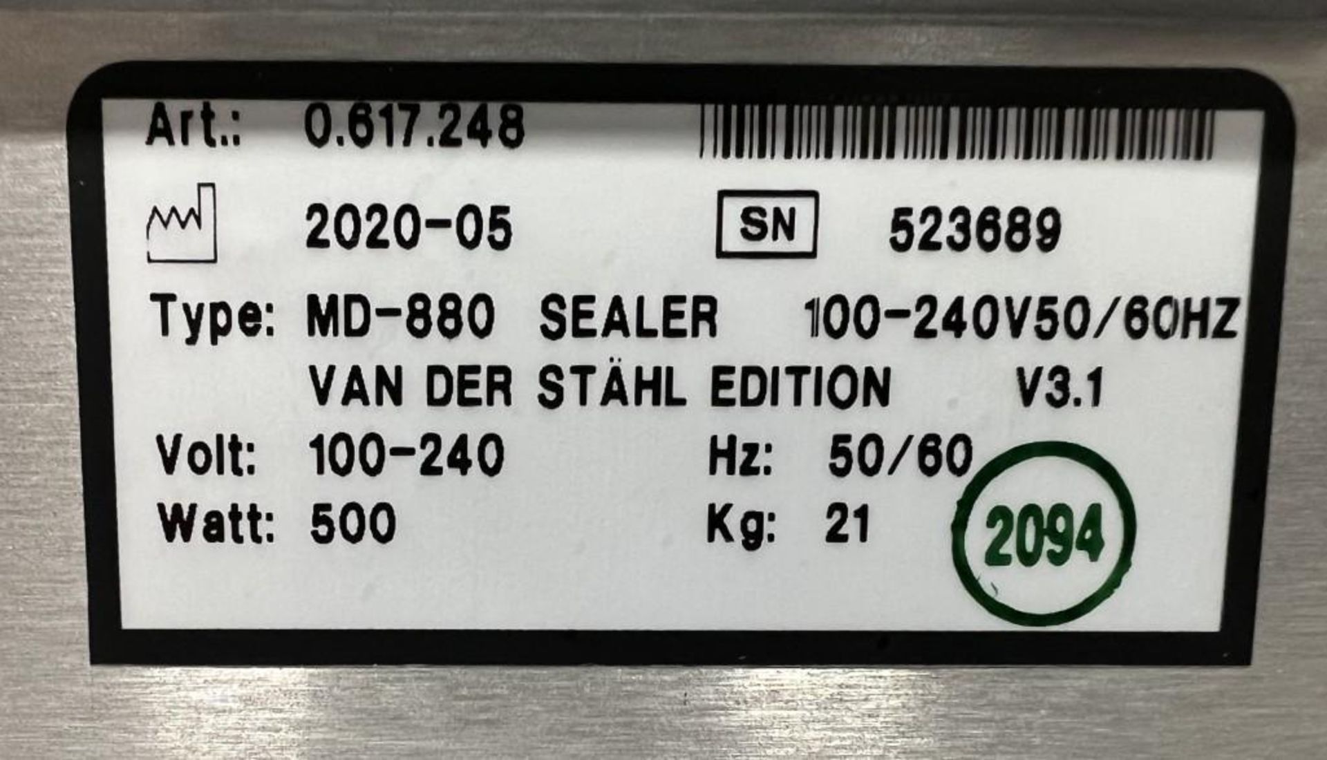 Van Der Stahl MD Series Pouch Sealer, Model MD-880, Serial# 523689, Built 05-2020. - Image 6 of 6