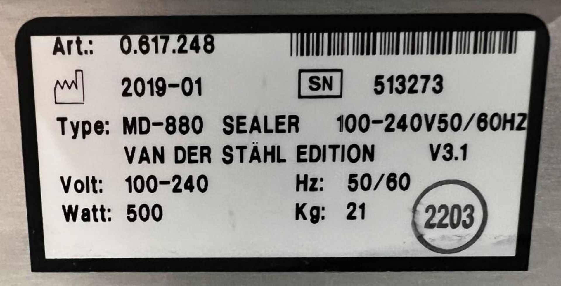 Van Der Stahl MD Series Pouch Sealer, Model MD-880, Serial# 513273, Built 01-2019. - Image 6 of 6