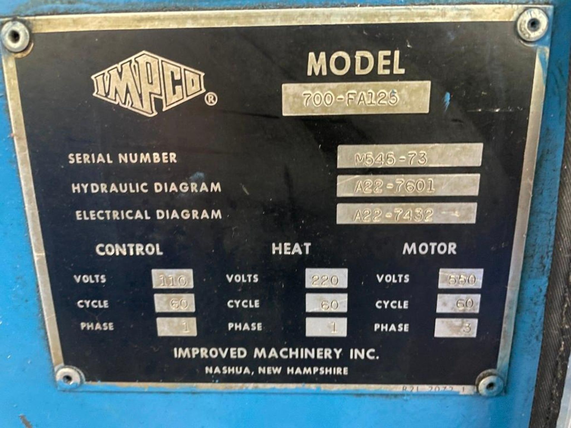 700 Ton, 73.7 oz. IMPCO Injection Molding Machine - Image 8 of 8