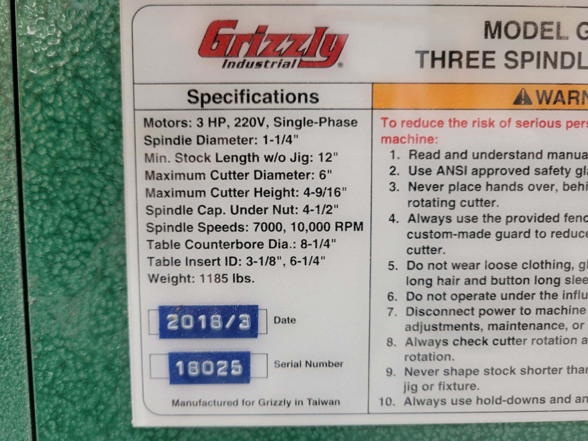 Grizzly Industrial Model: G9933 Three Spindle Shaper - Image 16 of 17