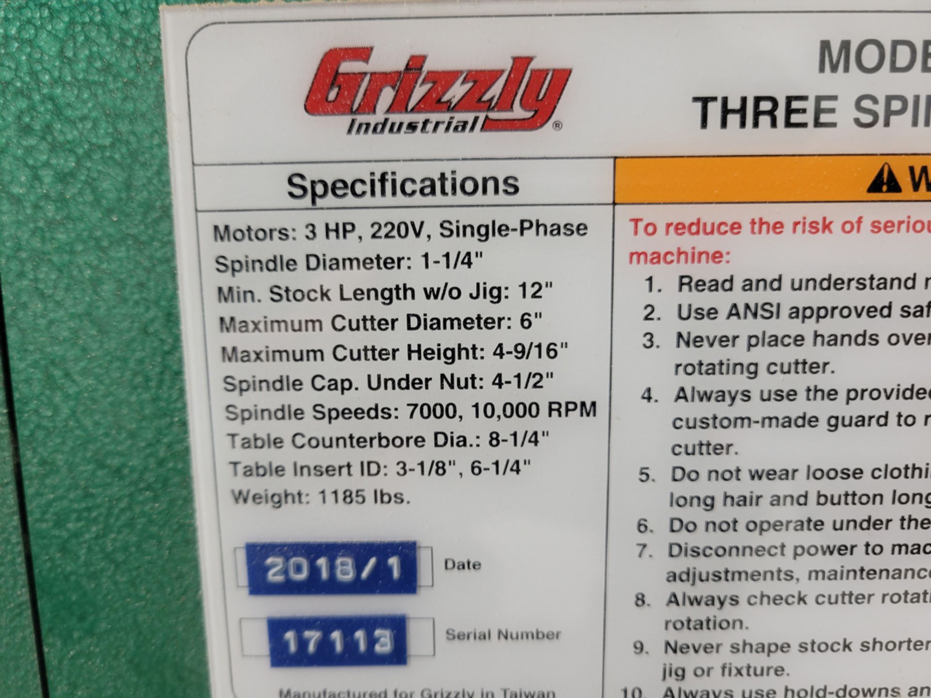 Grizzly Industrial Model G9933 Three Spindle Shaper - Image 15 of 16