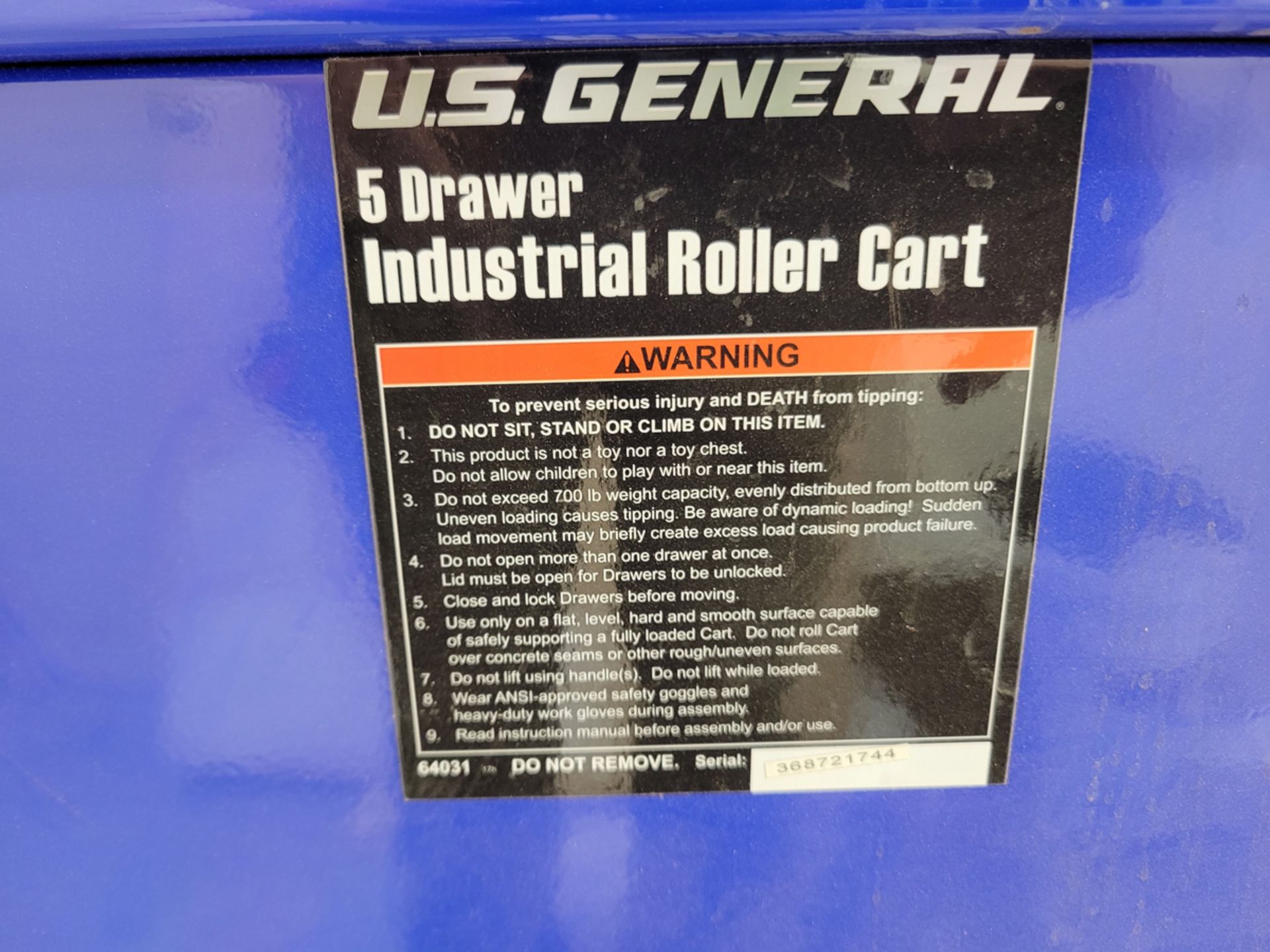 US General 5 drawer Industrial portable tool chest - Image 8 of 8