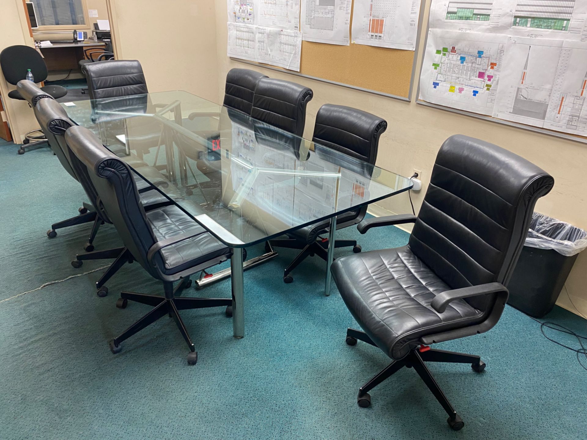 9ft Glass Top Conference Table and Swivel Office Chairs