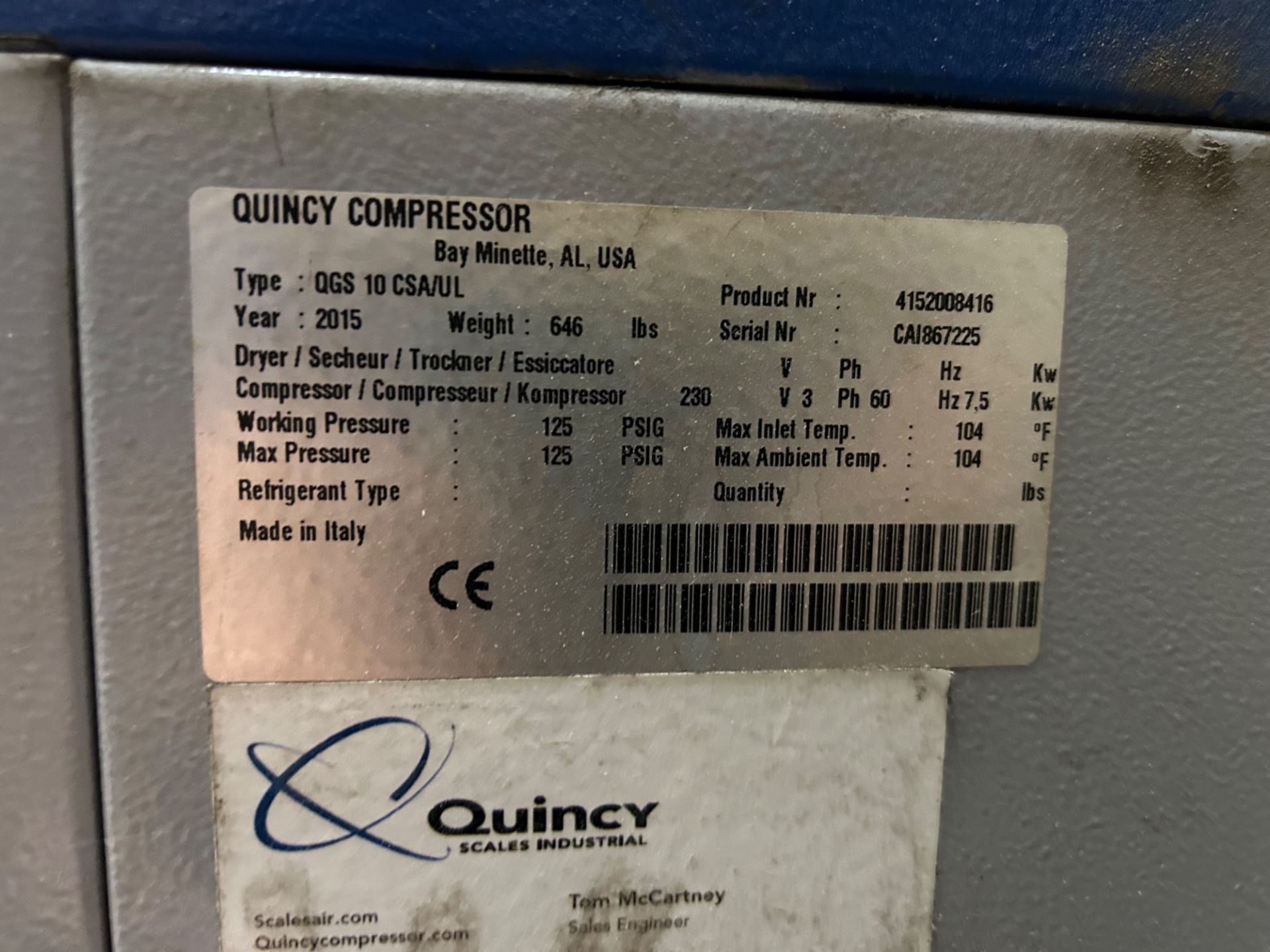 Quincy QGS-10 Rotary Screw Air Compressor - Image 4 of 5