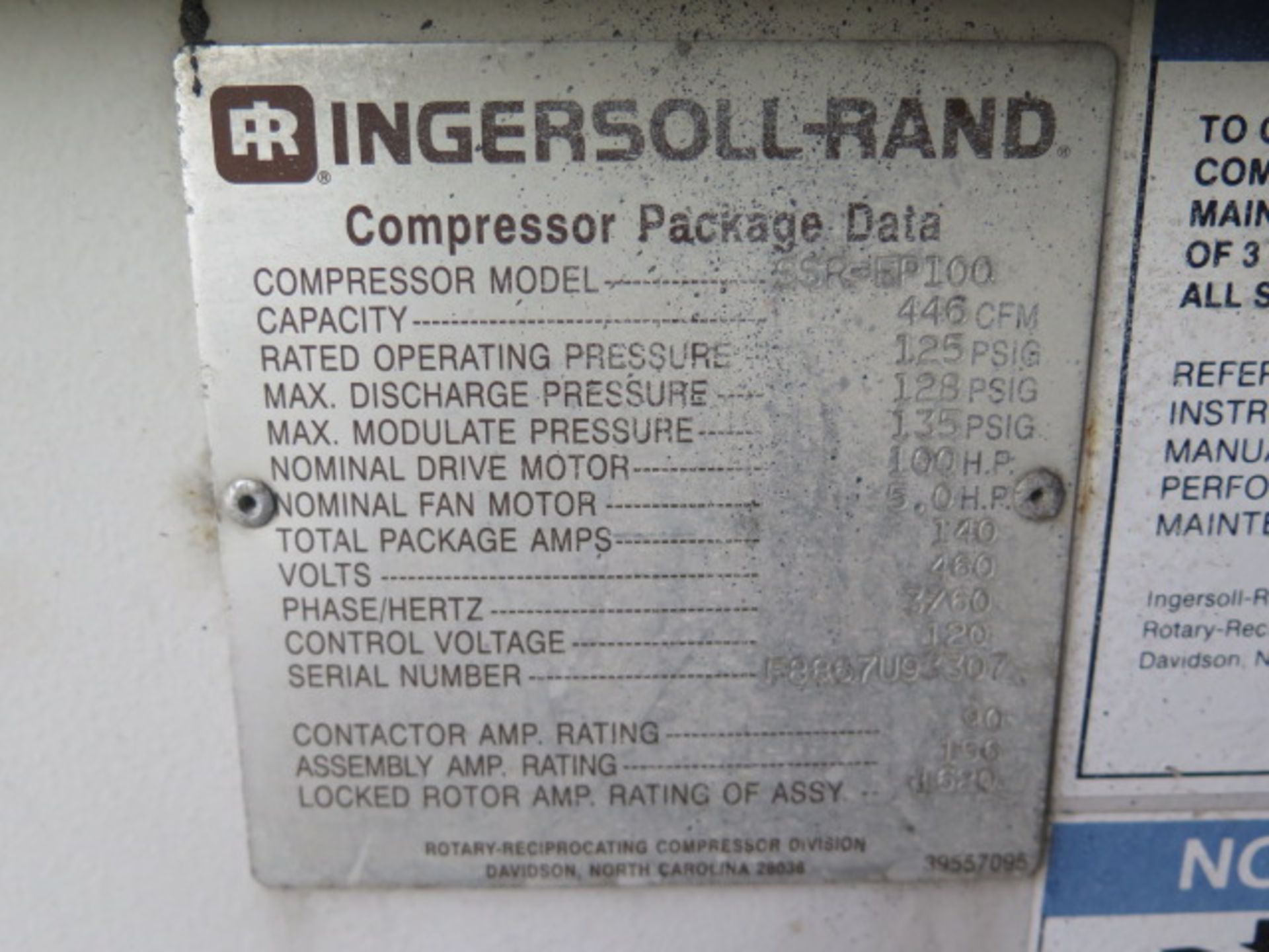 Ingersoll Rand SSR-EP100 100Hp Rotary Air Compressor s/n F8867U93307 446 CFM @ 125 PSIG, SOLD AS IS - Image 5 of 5