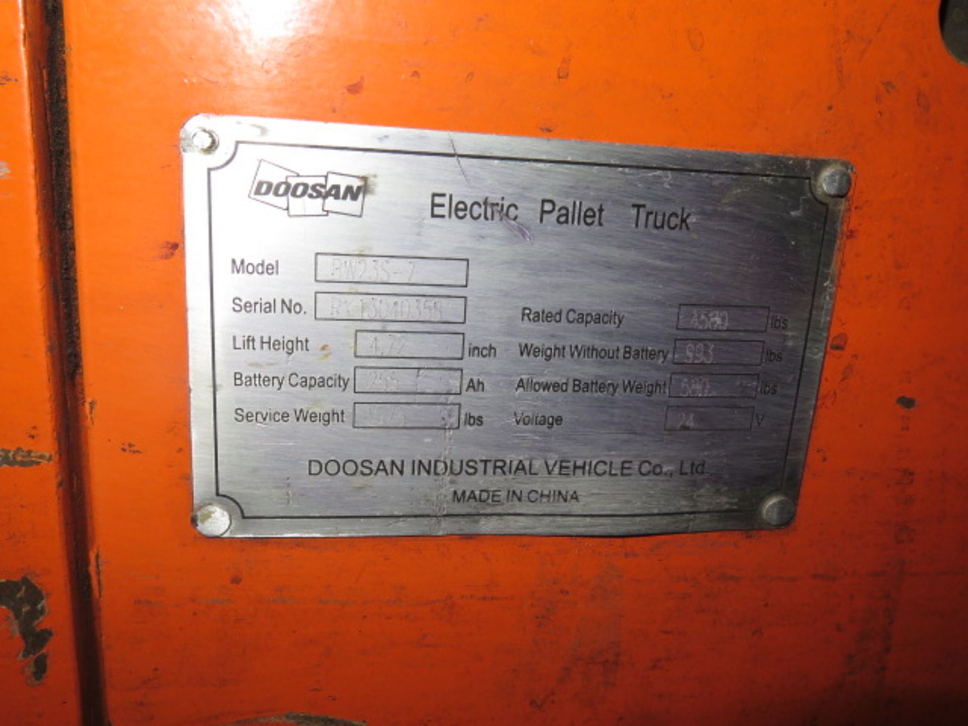 Doosan BW23S 4500 Lb Cap Electric Pallet Mover (NEEDS REPAIR) s/n RY13040358 24 Volt (SOLD AS-IS - - Image 8 of 8