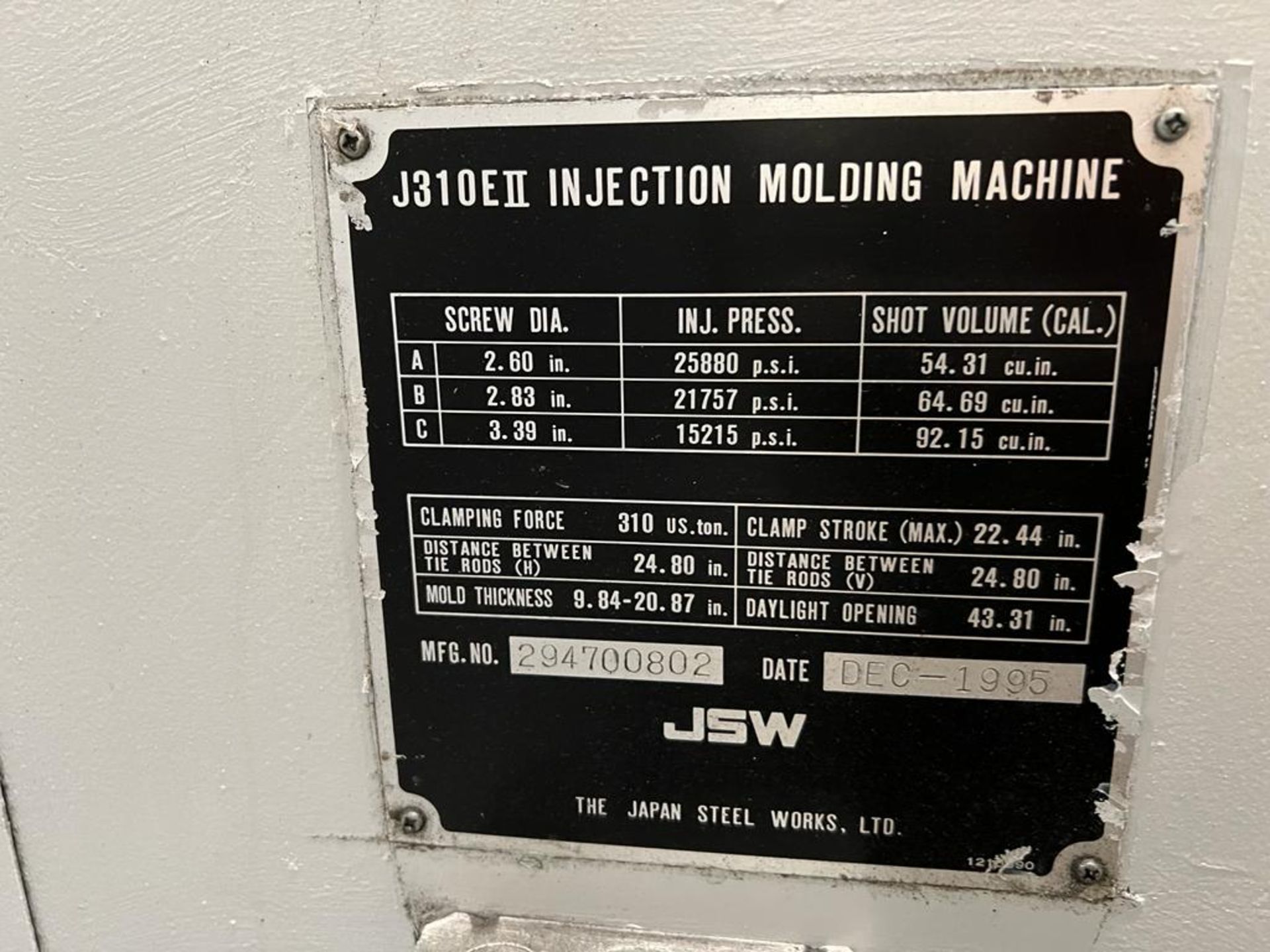 1995 JSW J310EII 310 Ton Injection Molding Machine s/n 294700802 w/ Syscom 1000 Controls, SOLD AS IS - Image 8 of 8