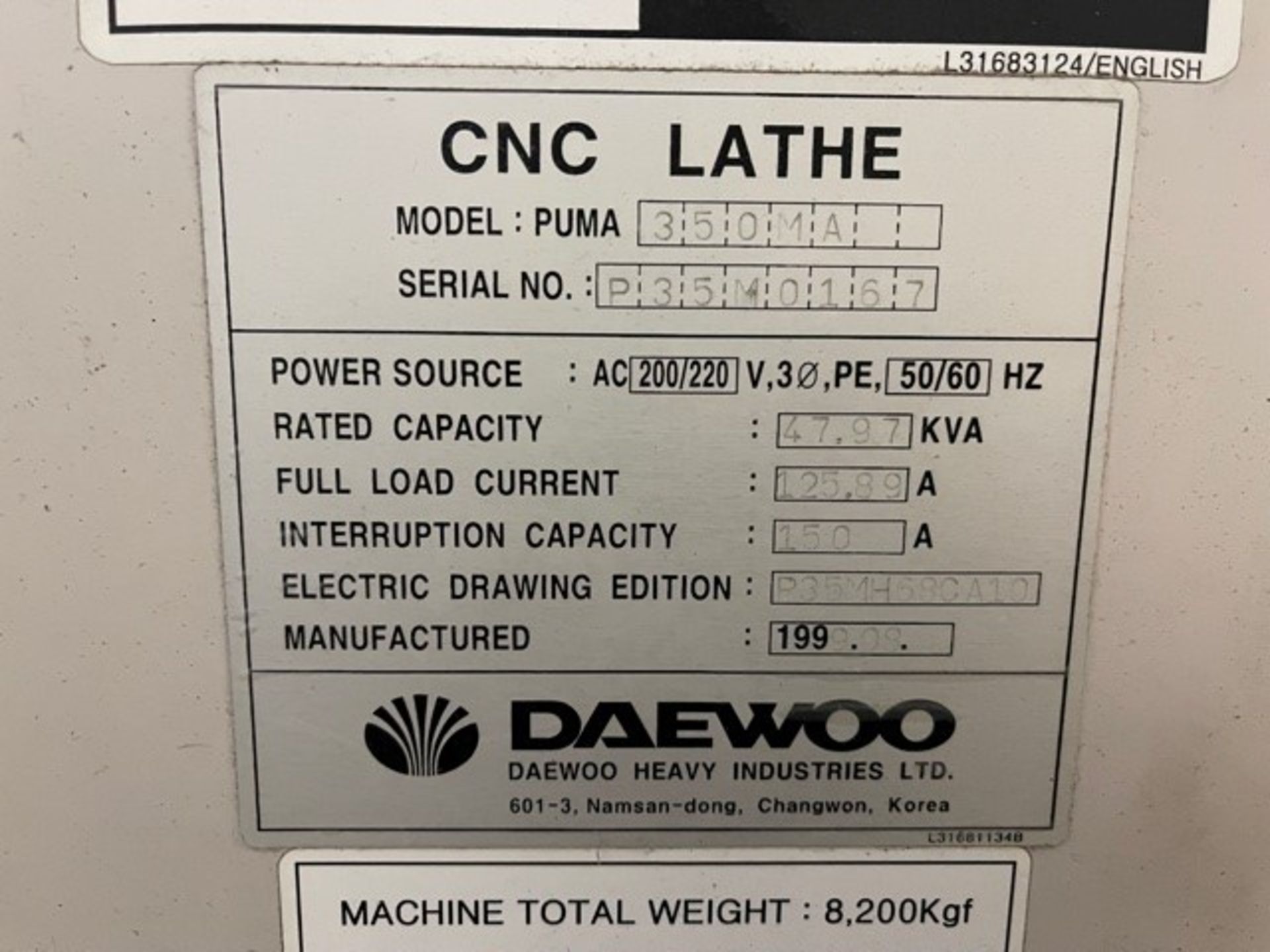 1999 Daewoo PUMA 350MA Live Turret CNC Turning Center s/n P35M0167 w/Fanuc 18-T Controls, SOLD AS IS - Image 10 of 10