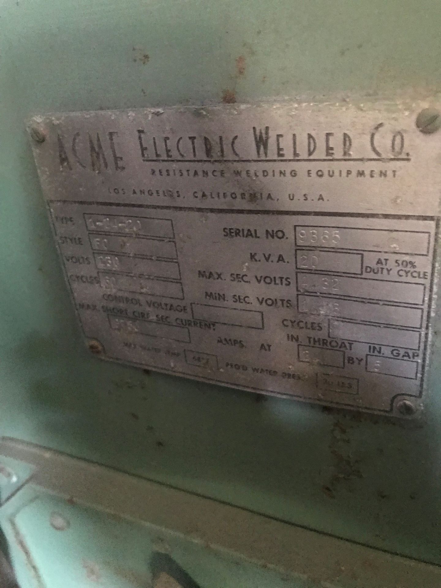 Acme type 1-24-20 20kVA Spot Welder s/n 9365 (SOLD AS-IS - NO WARRANTY) - Image 2 of 2