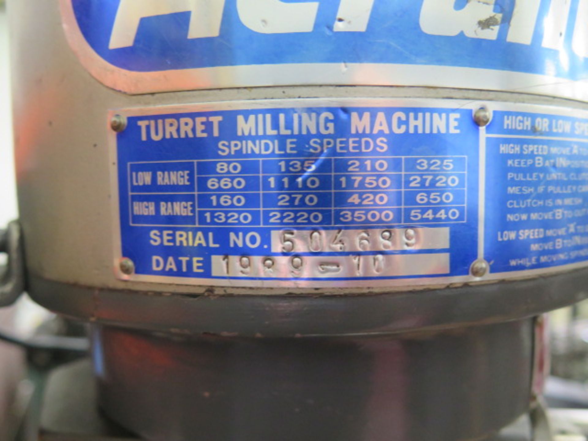 Acra Mill Vertical Mill s/n 504689 w/ Mitutoyo KS Counter Programmable DRO, 2Hp Motor, 80-5440 - Image 7 of 12