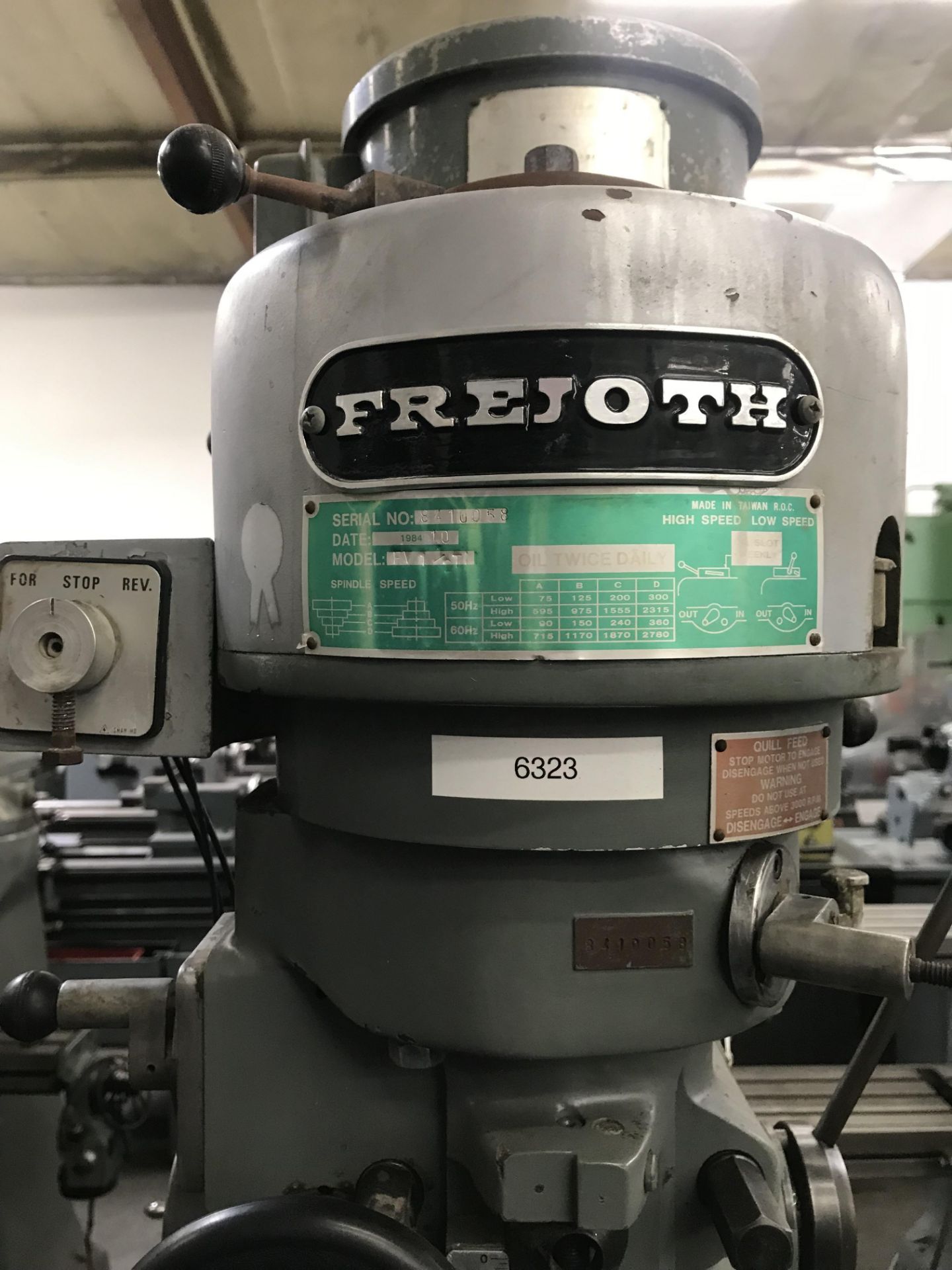 Frejoth FV-1 ½ Vertical Mill s/n 8410058 w/ 1Hp Motor, 90-2780 RPM, R8 Spindle, SOLD AS IS - Image 4 of 6