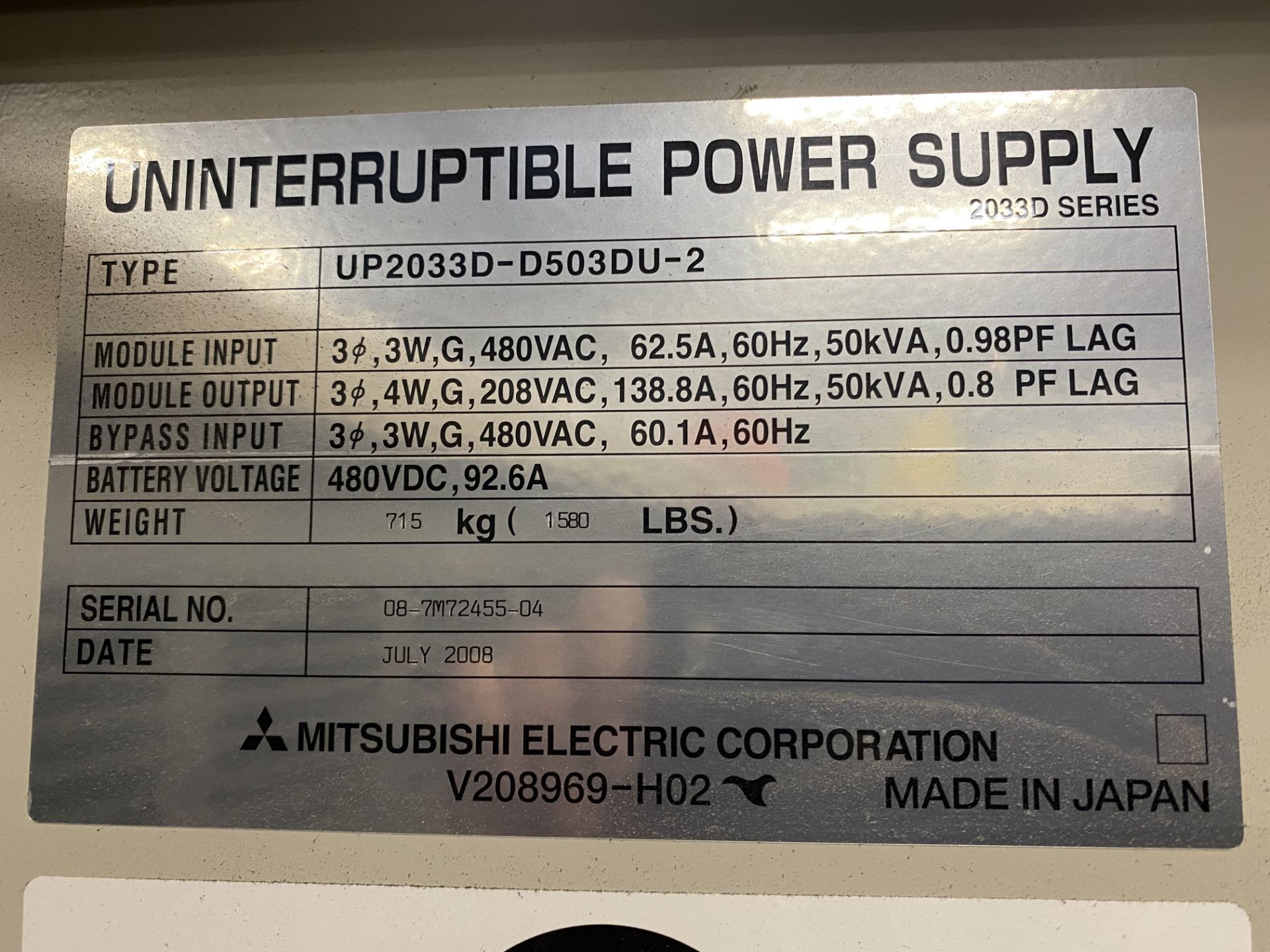 2008 Mitsubishi UP2033D-D503DU-2 50kVA Uninterruptable Power Supply SOLD AS IS - Image 9 of 10