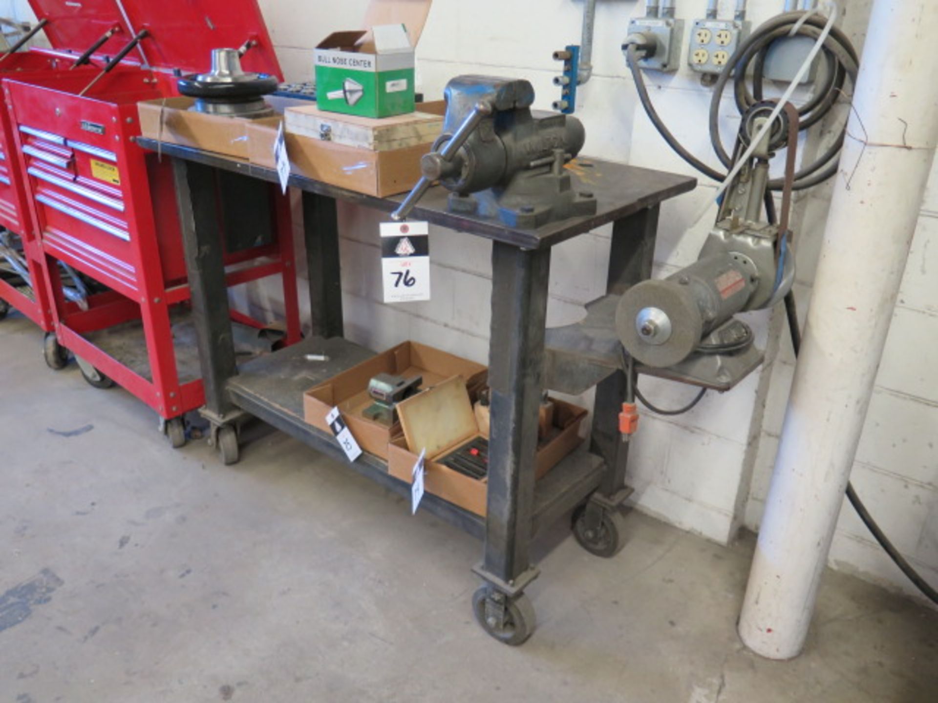 23" x 48" x 1" Rolling Steel Table w/ Wilton 4" Bench Vise and Dayton 2" Belt Sander/Grinder (SOLD