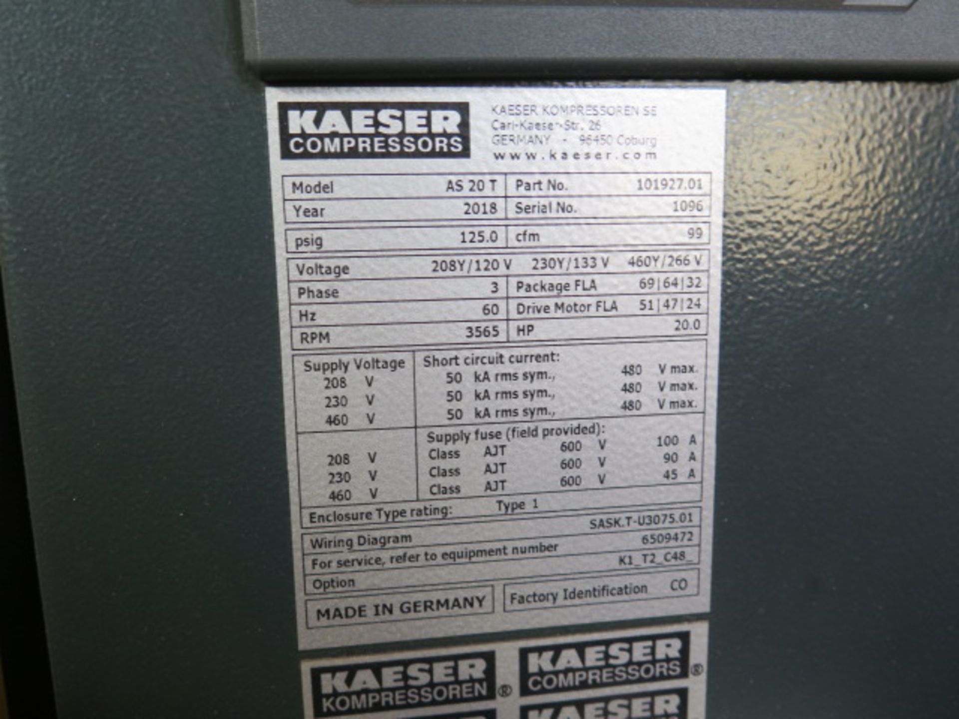 2018 Kaeser AS20T Sigma 20Hp Rotary Air Compressor s/n 1096 w/ Kaeser Digital Controls, SOLD AS IS - Image 6 of 8