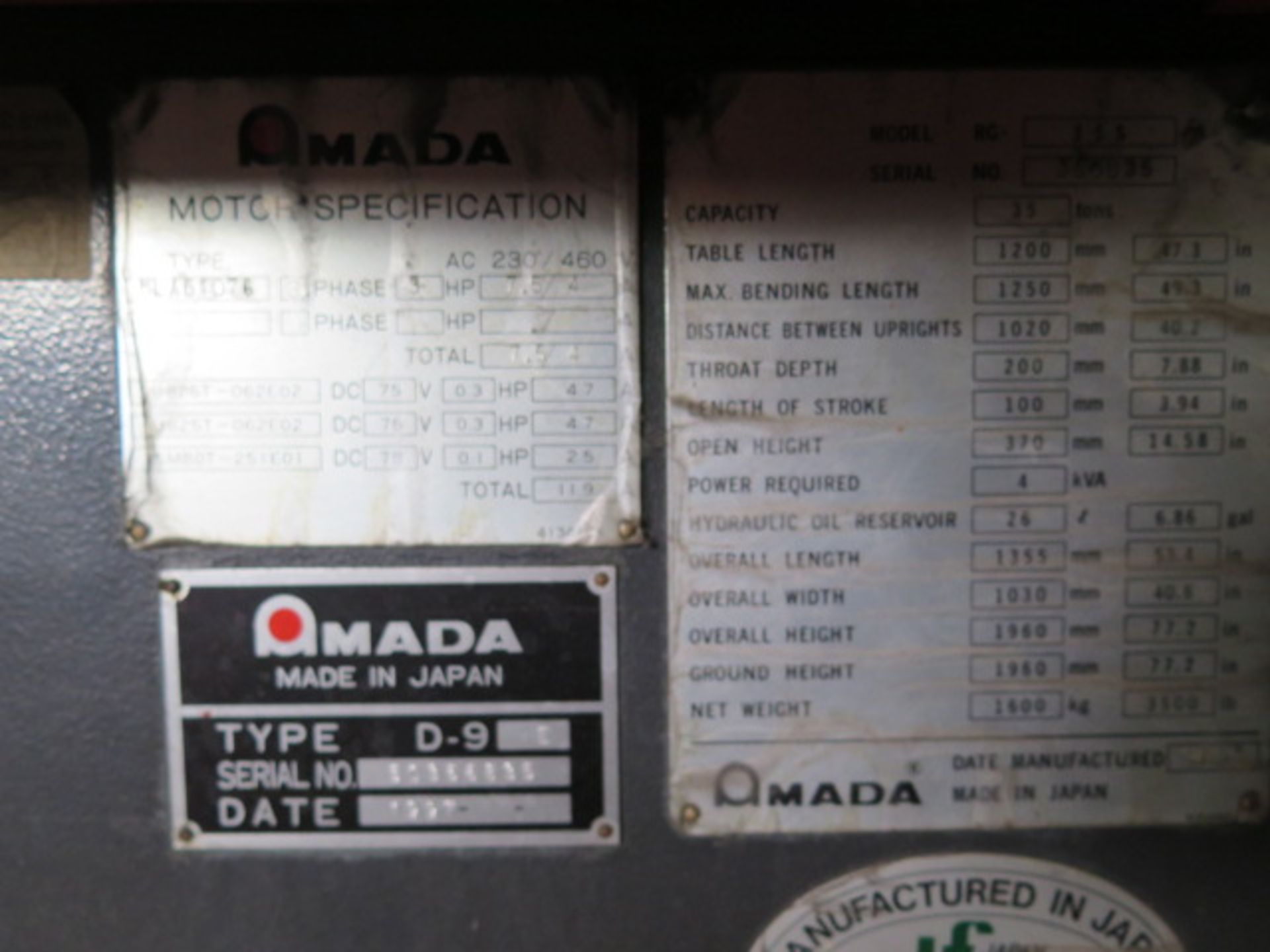 1997 Amada RG-35S 35 Ton x 4’ CNC Press Brake, w/ Amada NC9-EX II Controls, 47.3” Bed, SOLD AS IS - Image 10 of 11