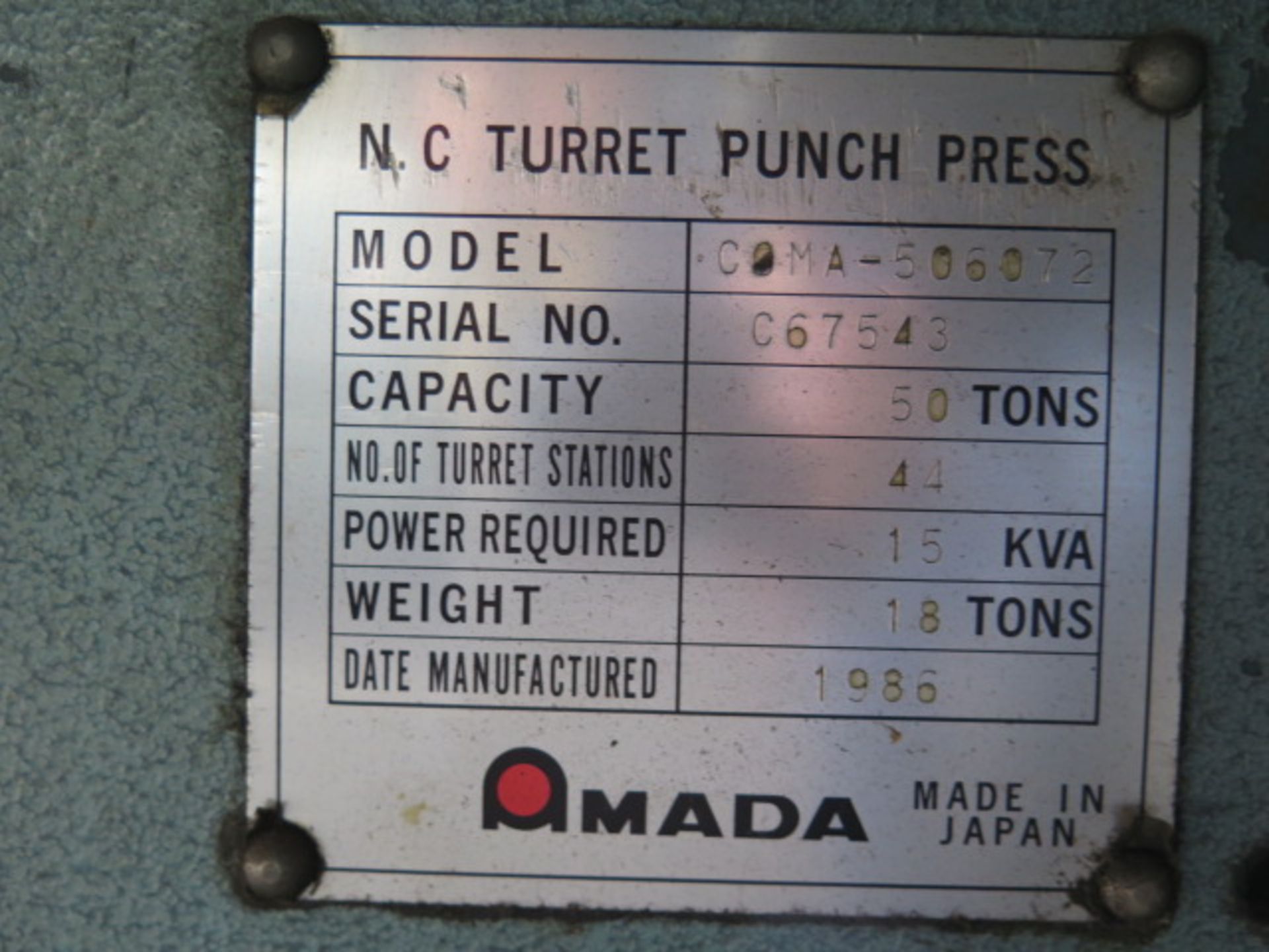 Amada COMA 50-60-72 50 Ton 44-Station CNC Turret Punch Press, w/ Amada-Fanuc-C Controls,, SOLD AS IS - Image 15 of 15