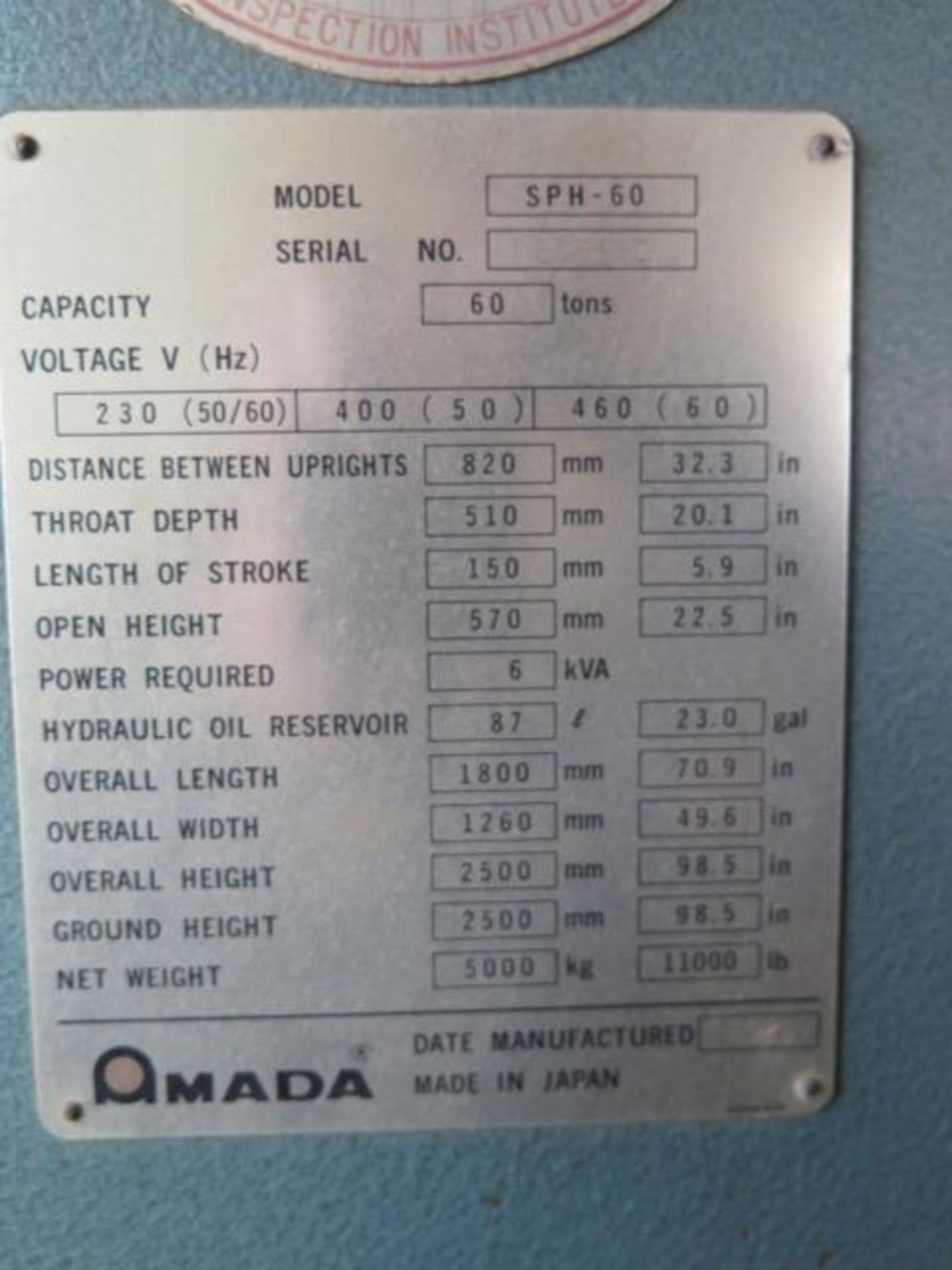 Amada SPH-60 60 Ton Universal Hydraulic Press s/n 605860 w/ 72” Bed, 31 ½” Ram Length, SOLD AS SI - Image 13 of 13