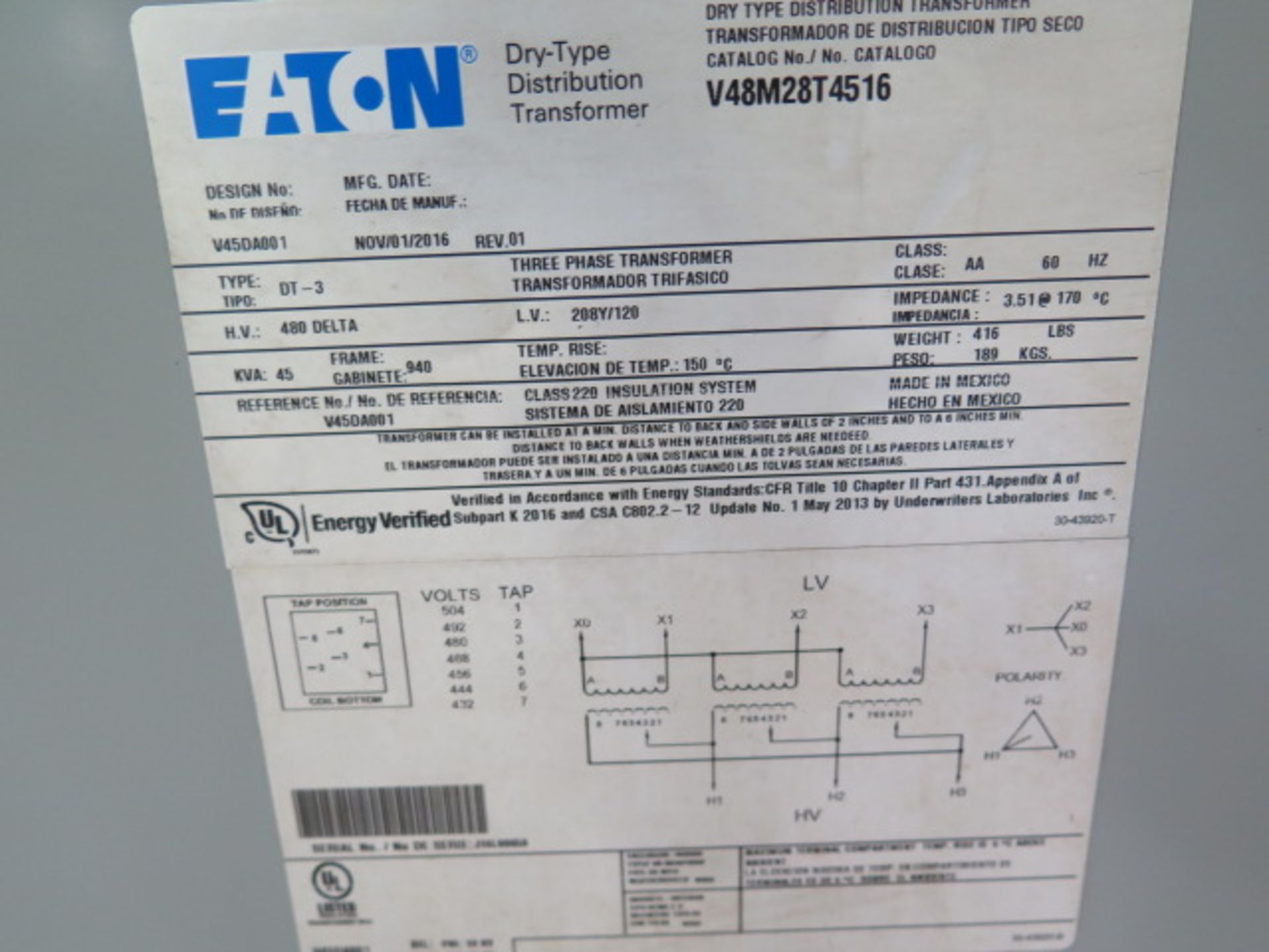 Eaton 45kVA Transformer 480-208Y/120 (SOLD AS-IS - NO WARRANTY) - Image 3 of 3