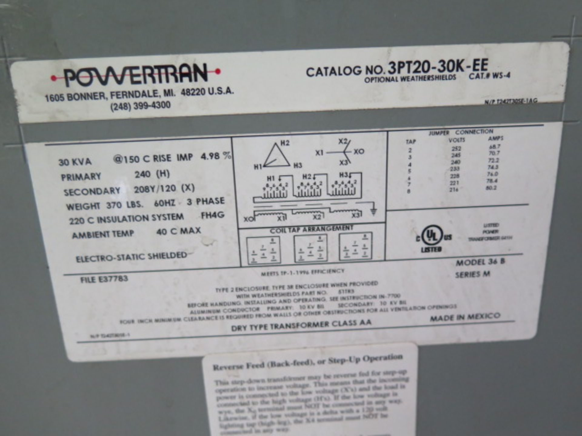 Powertran 30kVA Transformer 240-208Y/120 (SOLD AS-IS - NO WARRANTY) - Image 3 of 3