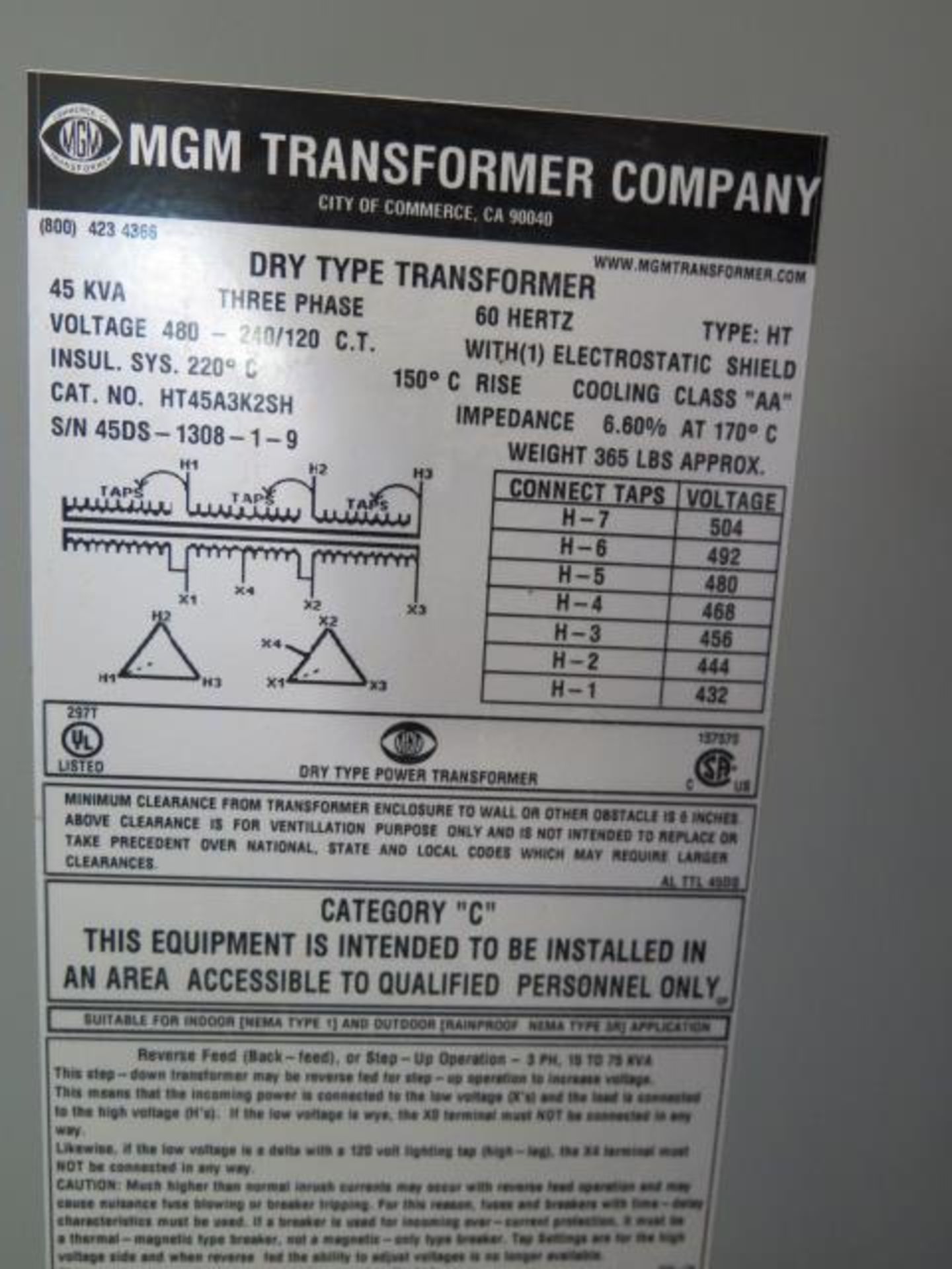 MGM 45kVA Transformer 480-240/120 (SOLD AS-IS - NO WARRANTY) - Image 3 of 3
