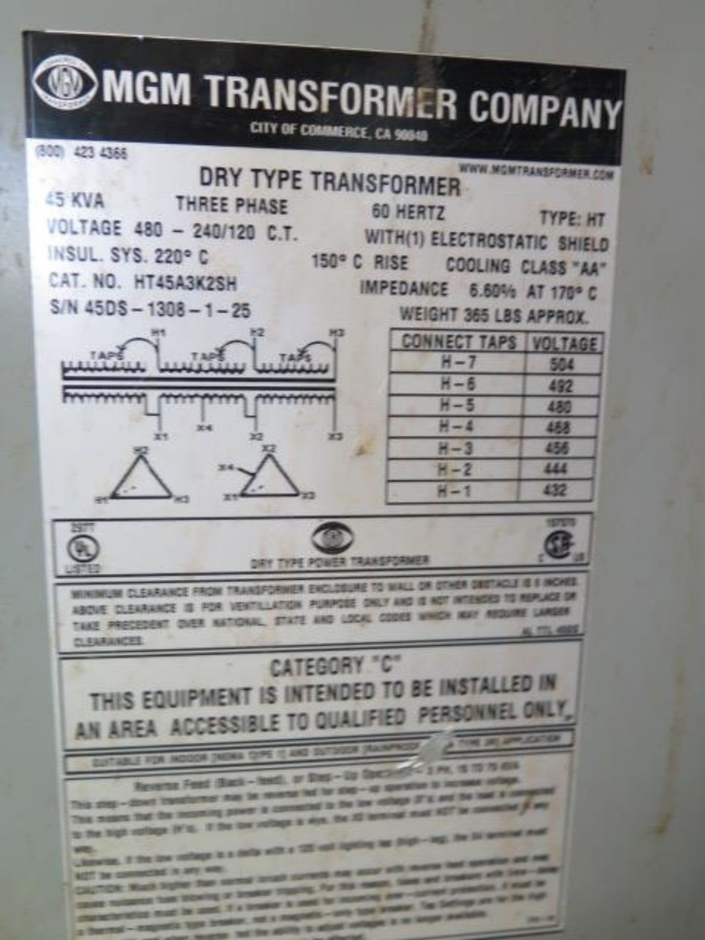 MGM 45kVA Transformer 480-240/120 (SOLD AS-IS - NO WARRANTY) - Image 3 of 3