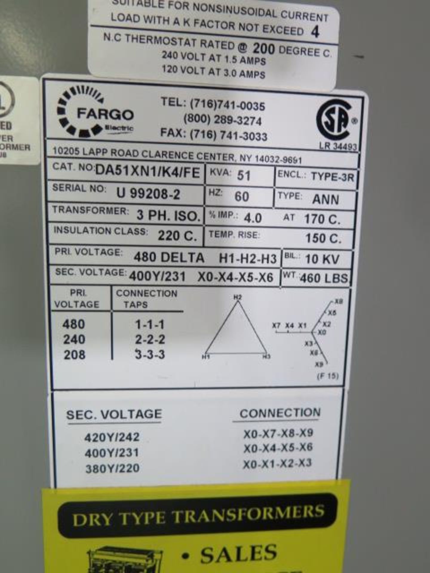 Fargo 51kVA Transformer 480/240/208-420Y/242 / 400Y/231 / 380Y/220 (SOLD AS-IS - NO WARRANTY) - Image 3 of 3