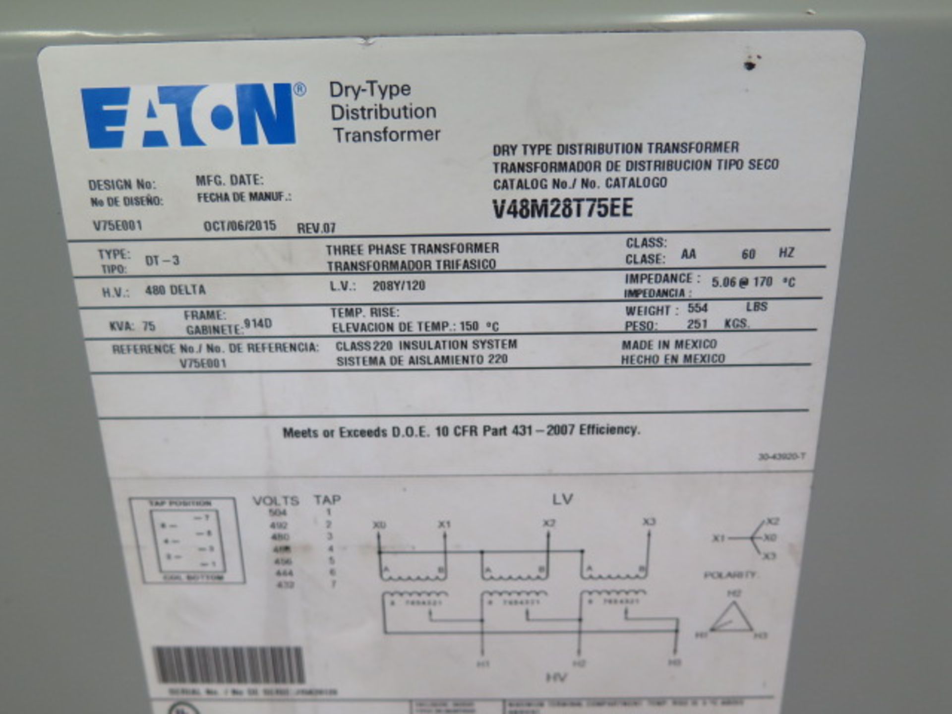 Eaton 75kVA Transformer 480-208Y/120 (SOLD AS-IS - NO WARRANTY) - Image 3 of 3