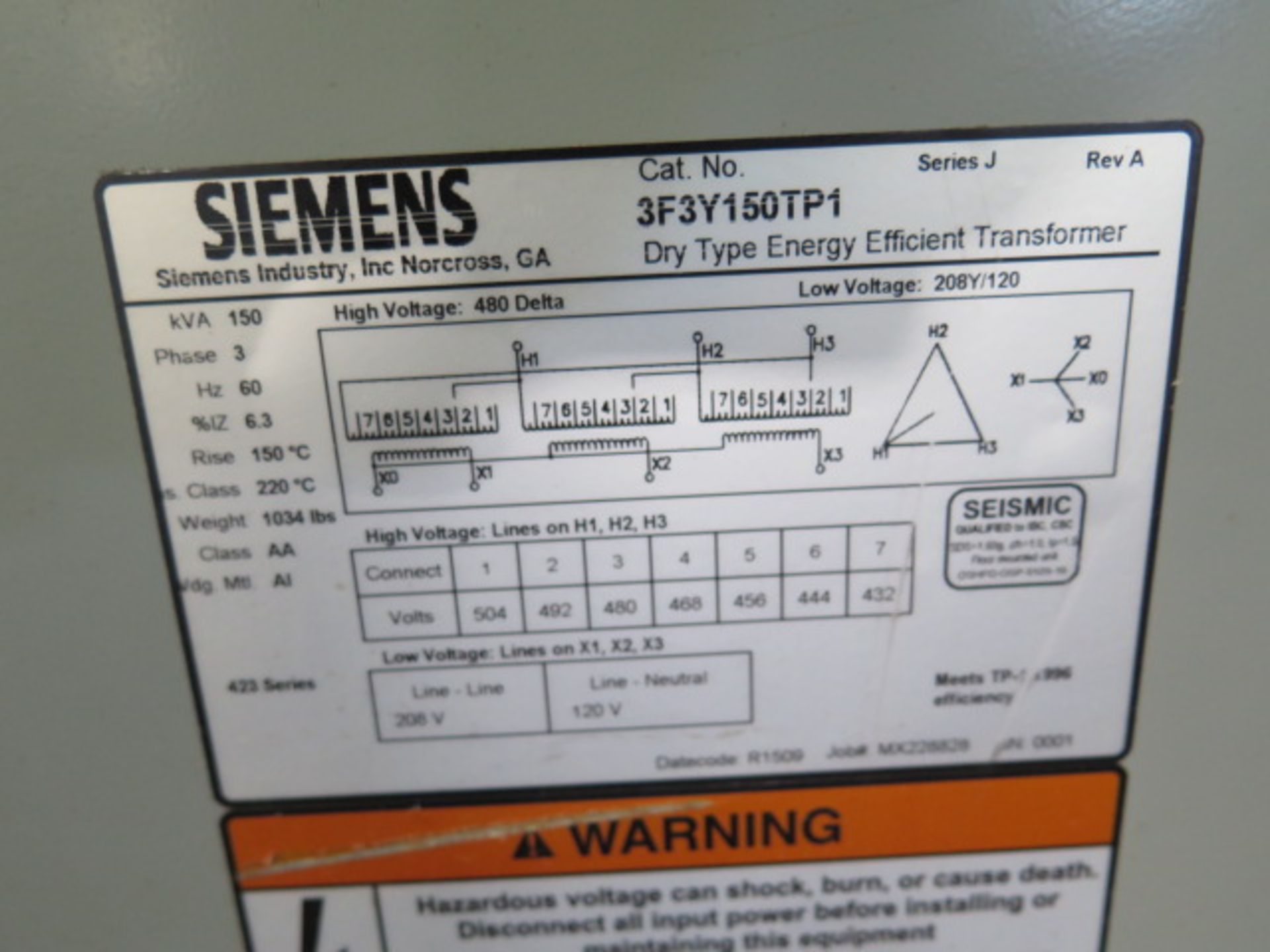Siemens 150kVA Transformer 480-208Y/120 (SOLD AS-IS - NO WARRANTY) - Image 3 of 3