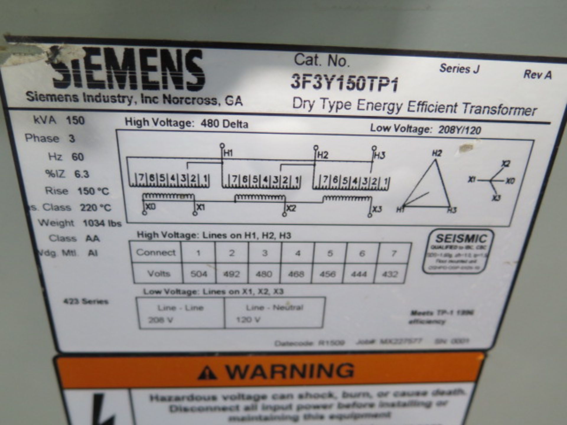 Siemens 150kVA Transformer 480-208Y/120 (SOLD AS-IS - NO WARRANTY) - Image 3 of 3