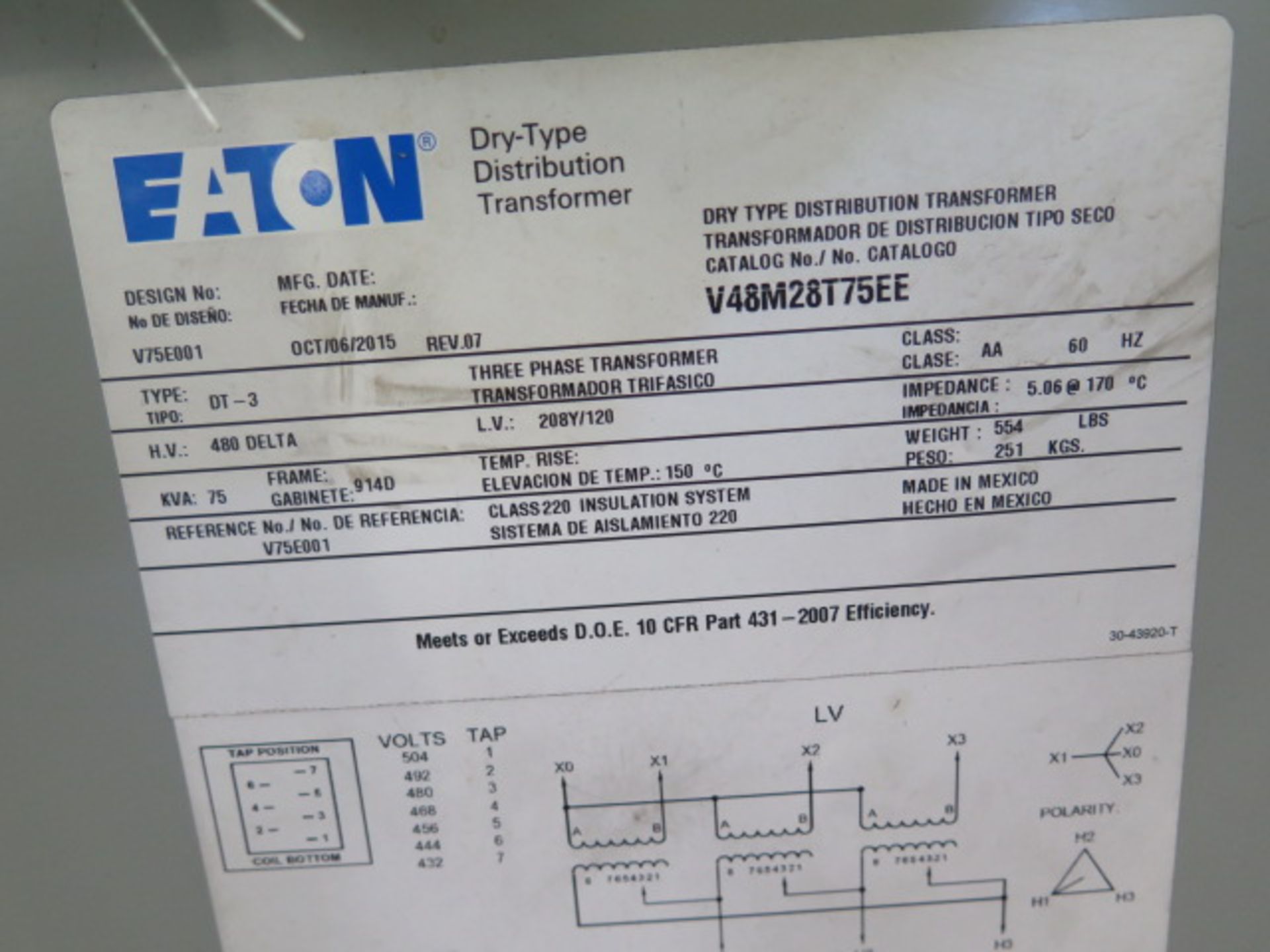 Eaton 75kVA Transformer 480-208Y/120 (SOLD AS-IS - NO WARRANTY) - Image 3 of 3