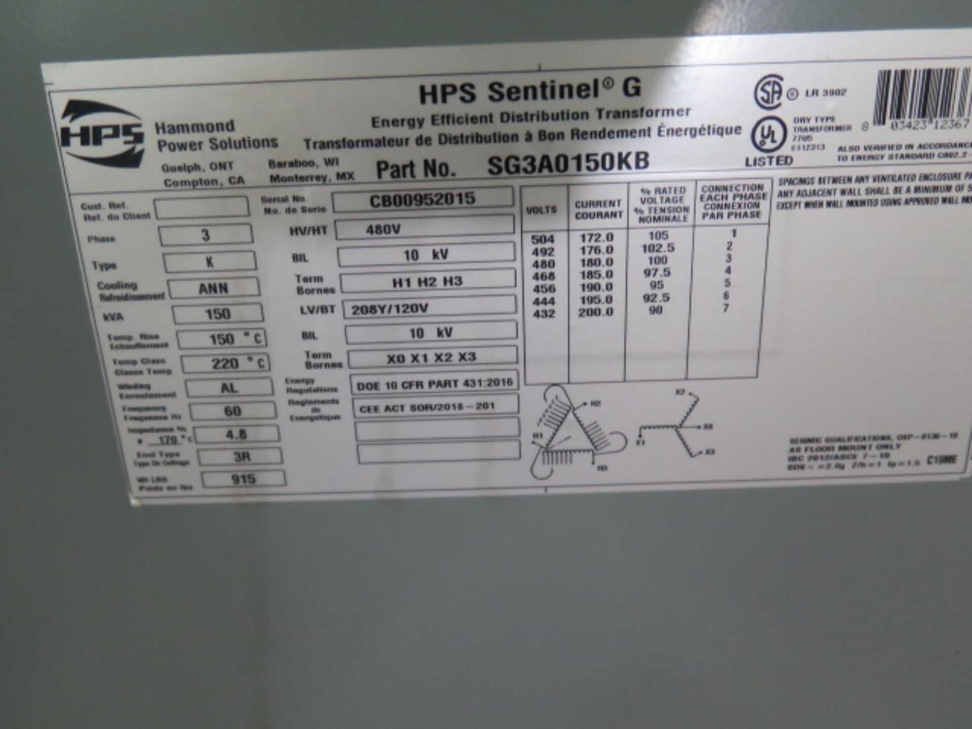 PHS 150kVA Transformer 480-208Y/120 (SOLD AS-IS - NO WARRANTY) - Image 3 of 3